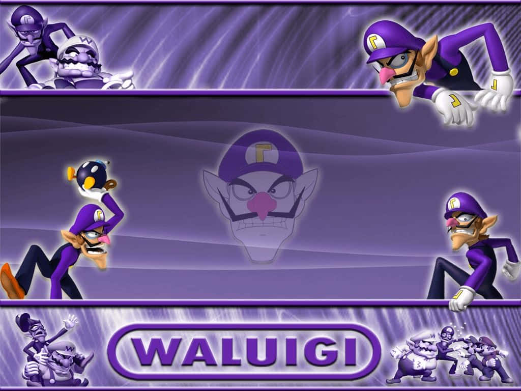Waluigi 桌布 壁紙 — Waluigi 和他的手下以動態的紫色姿勢，背景是旋轉的暴風雨，他的名字突出顯示。