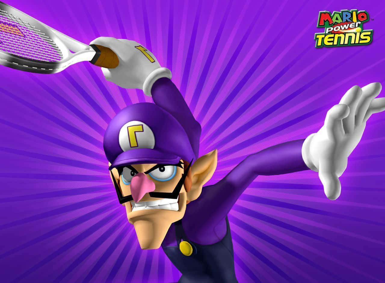 Waluigi 桌布 壁紙 — Waluigi 喺充滿活力嘅紫色放射背景前，以強烈決心揮動網球拍。