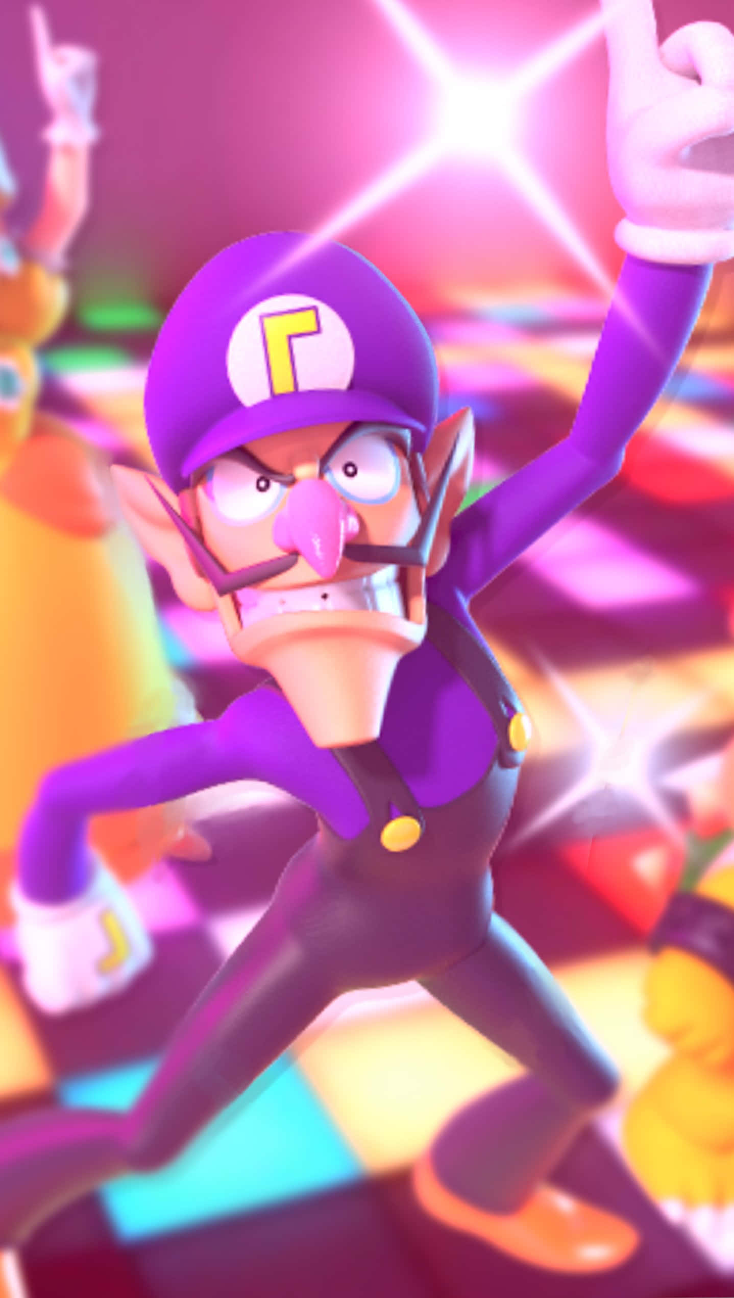 Waluigi 桌布 壁紙 — Waluigi 在充滿活力的霓虹燈派對場景中充滿活力地跳舞，伴隨著閃爍的光芒和色彩繽紛的背景。