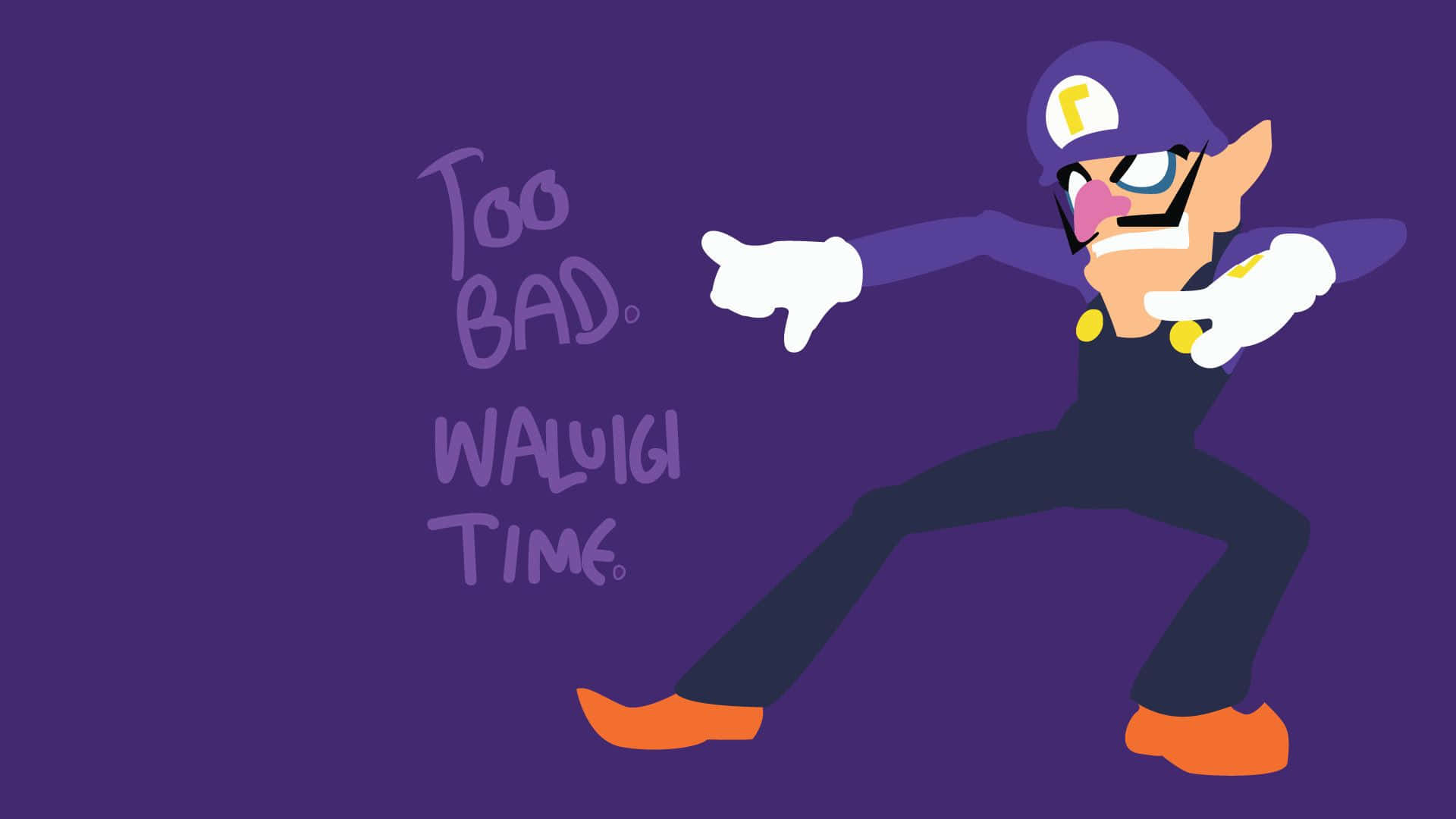 Waluigi 桌布 壁紙 — Waluigi 在純紫色背景前擺出自信姿勢，旁邊寫有「Too Bad Waluigi Time」文字。