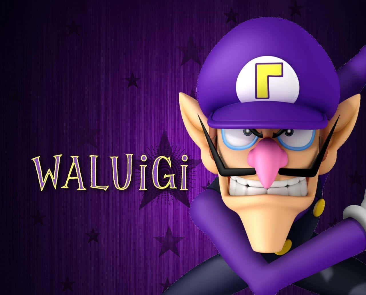 Waluigi 桌布 壁紙 — Waluigi 戴著紫色帽子，上面有黃色 'W'，在星空紫色背景前怒目而視。