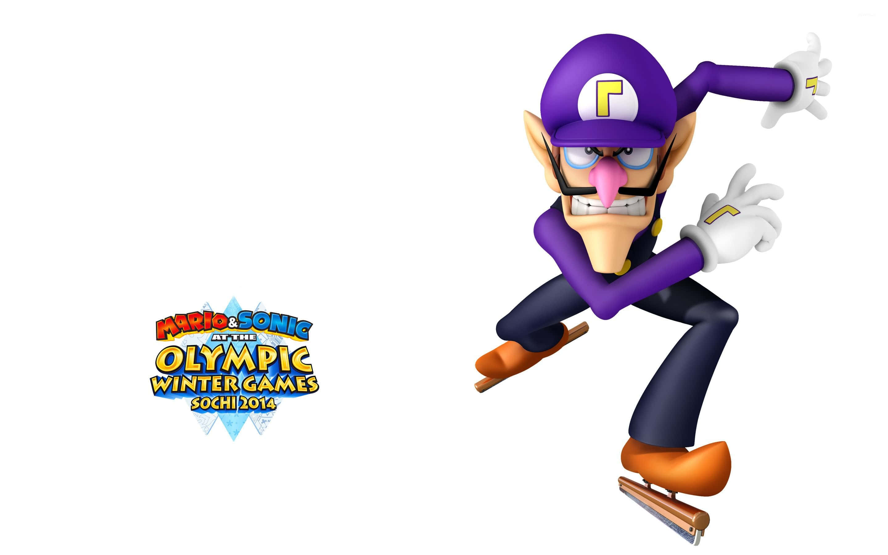Winter Games 桌布 壁紙 — Waluigi 穿著紫色服裝，在白色背景下以強烈的表情在溜冰鞋上滑行。