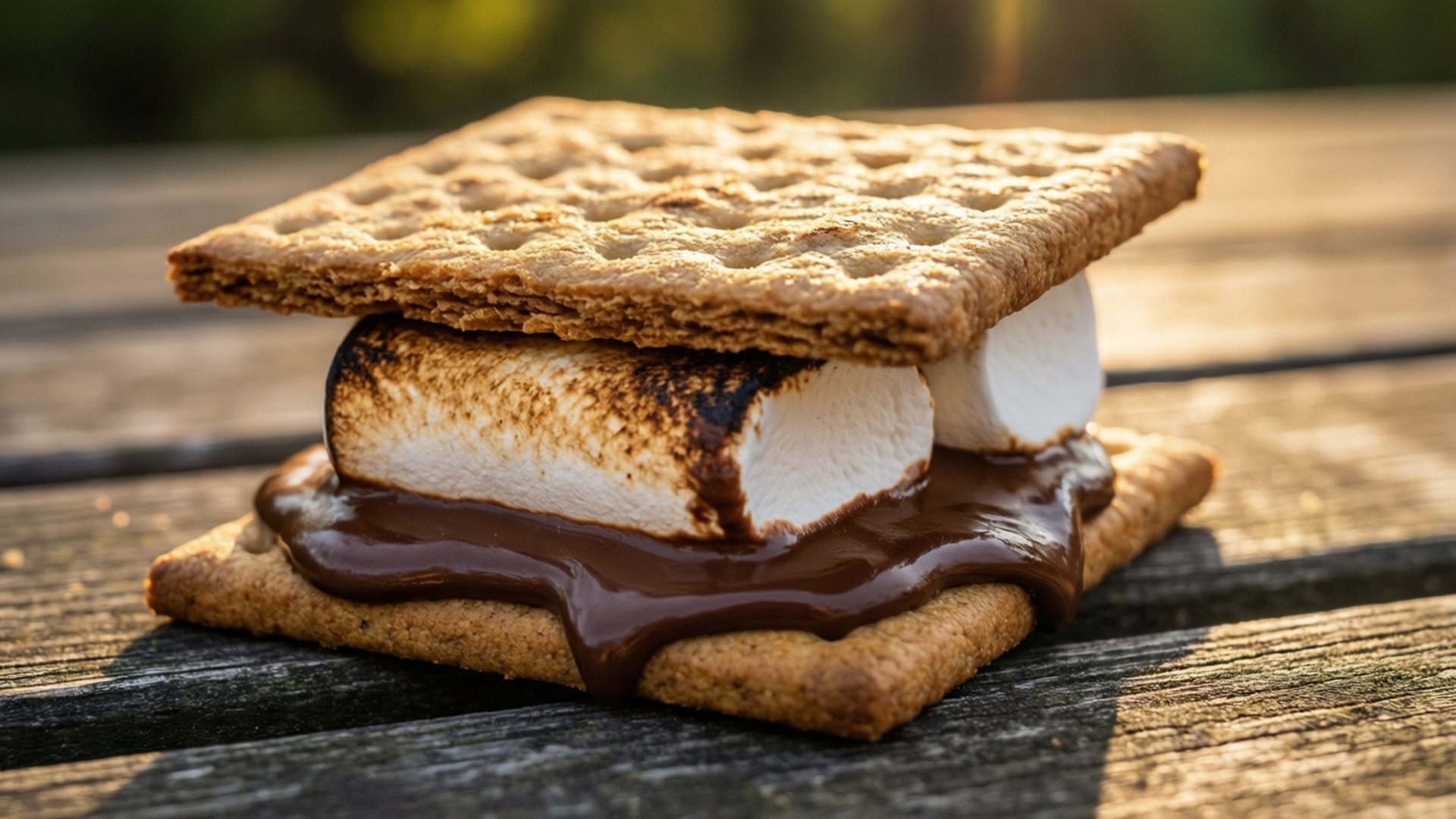 Smore 桌布 壁紙 — 完美烤製的棉花糖夾心餅，帶有黏稠的朱古力和焦糖化的棉花糖，夾在格雷厄姆餅乾之間，放在風化的木桌上。