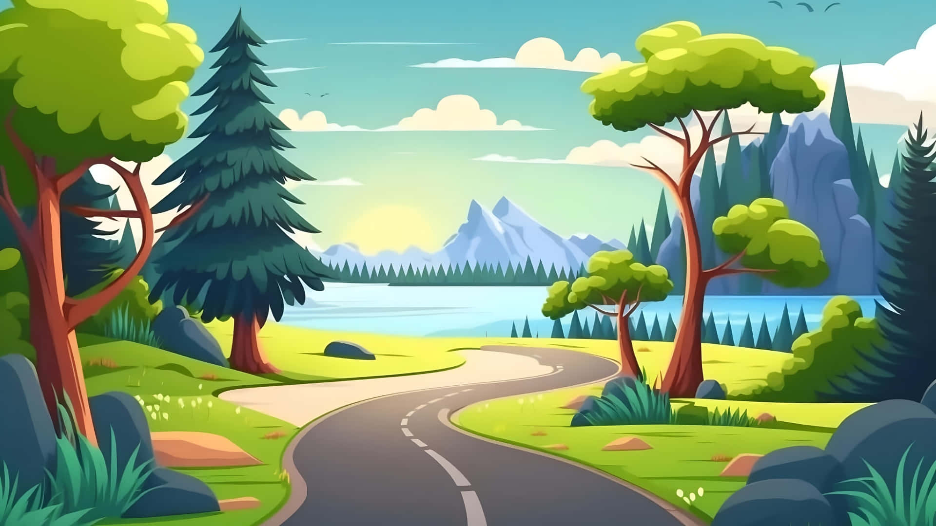  壁紙 — 一條蜿蜒的道路穿過充滿活力的森林，有高大的樹木和湖泊，通往白雪覆蓋的山脈，天空湛藍，雲朵蓬鬆。