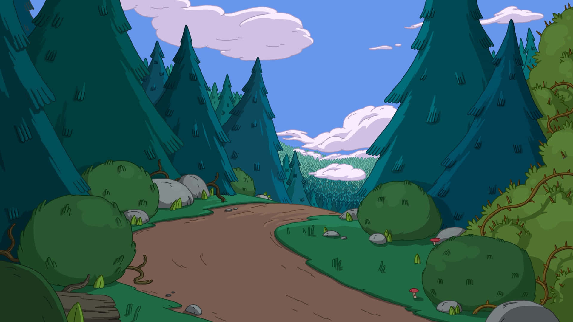  壁紙 — 一條蜿蜒的泥土小徑穿過茂密的松樹林，上方是晴朗的藍天和蓬鬆的白雲。