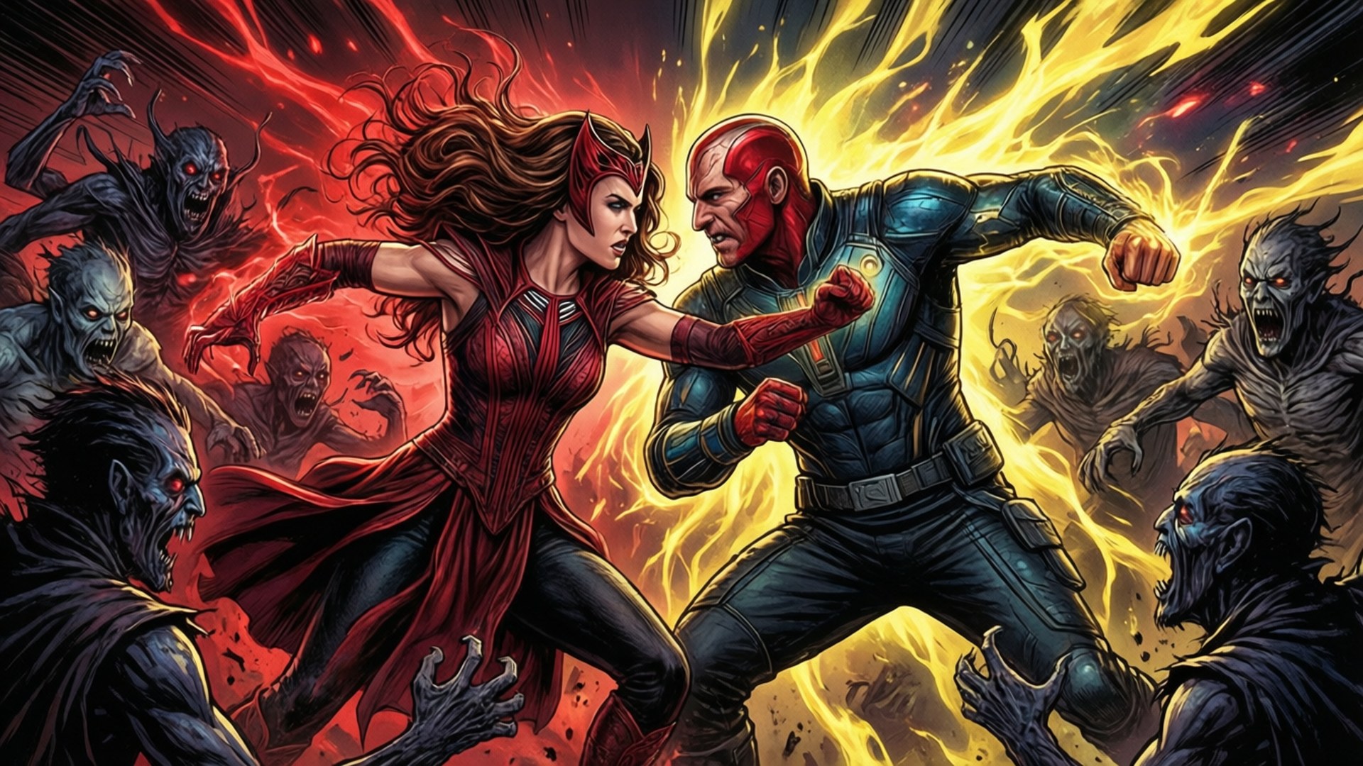 Wanda 和 Vision 用魔法能量對抗惡魔敵人。