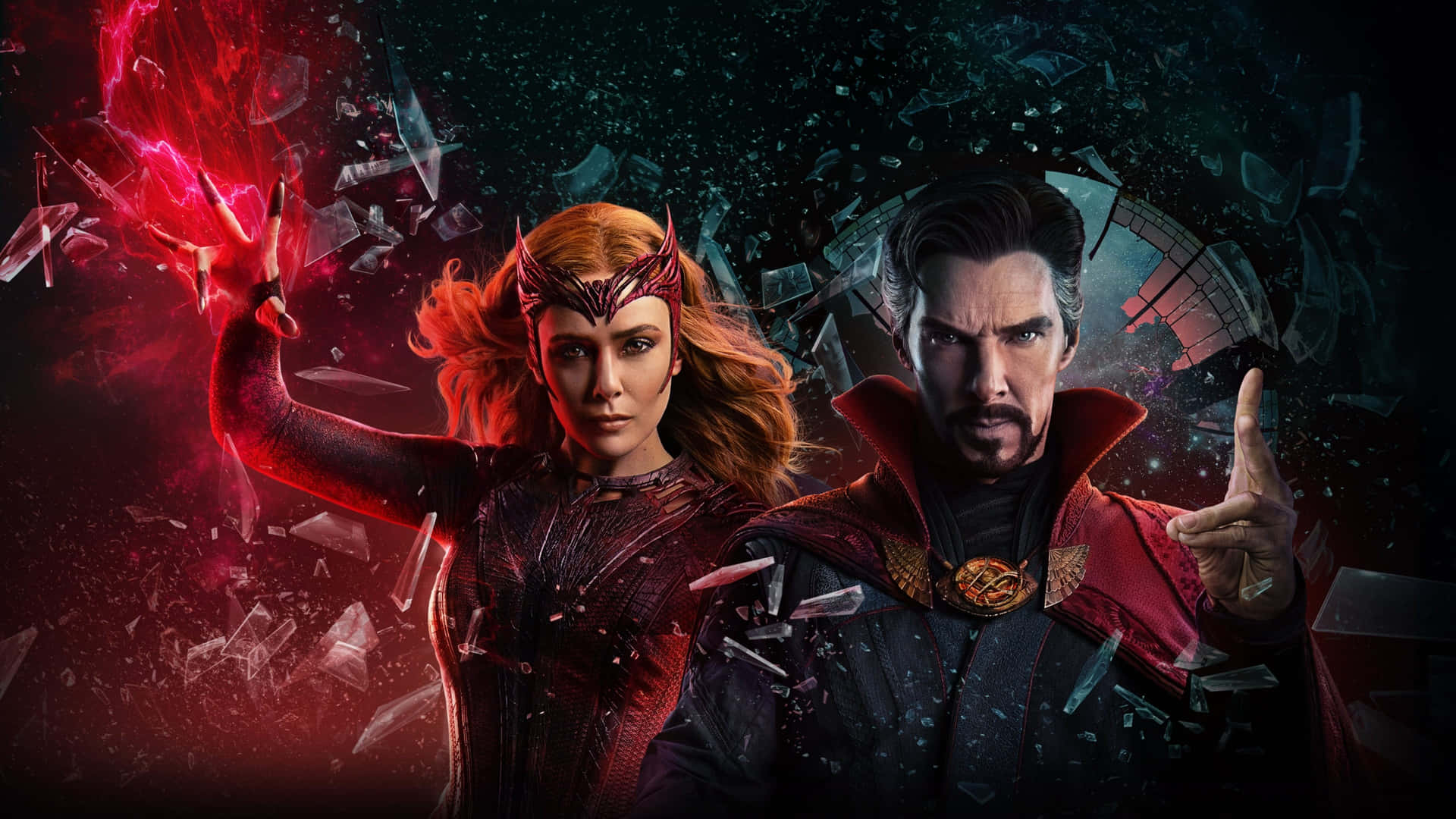  壁紙 — Wanda Maximoff 引導紅色能量，破碎的玻璃在Doctor Strange周圍飛舞，構成黑暗的電影場景。