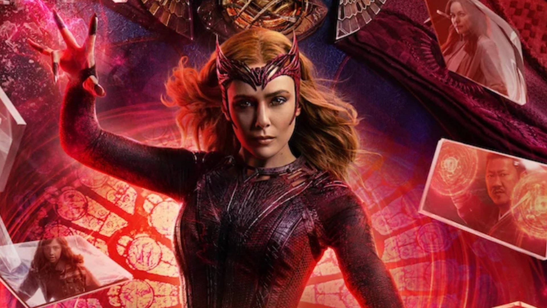 迪士尼 桌布 壁紙 — Wanda Maximoff 身穿深紅色魔法服裝，在漂浮的肖像和發光的神秘符號中舉起手。
