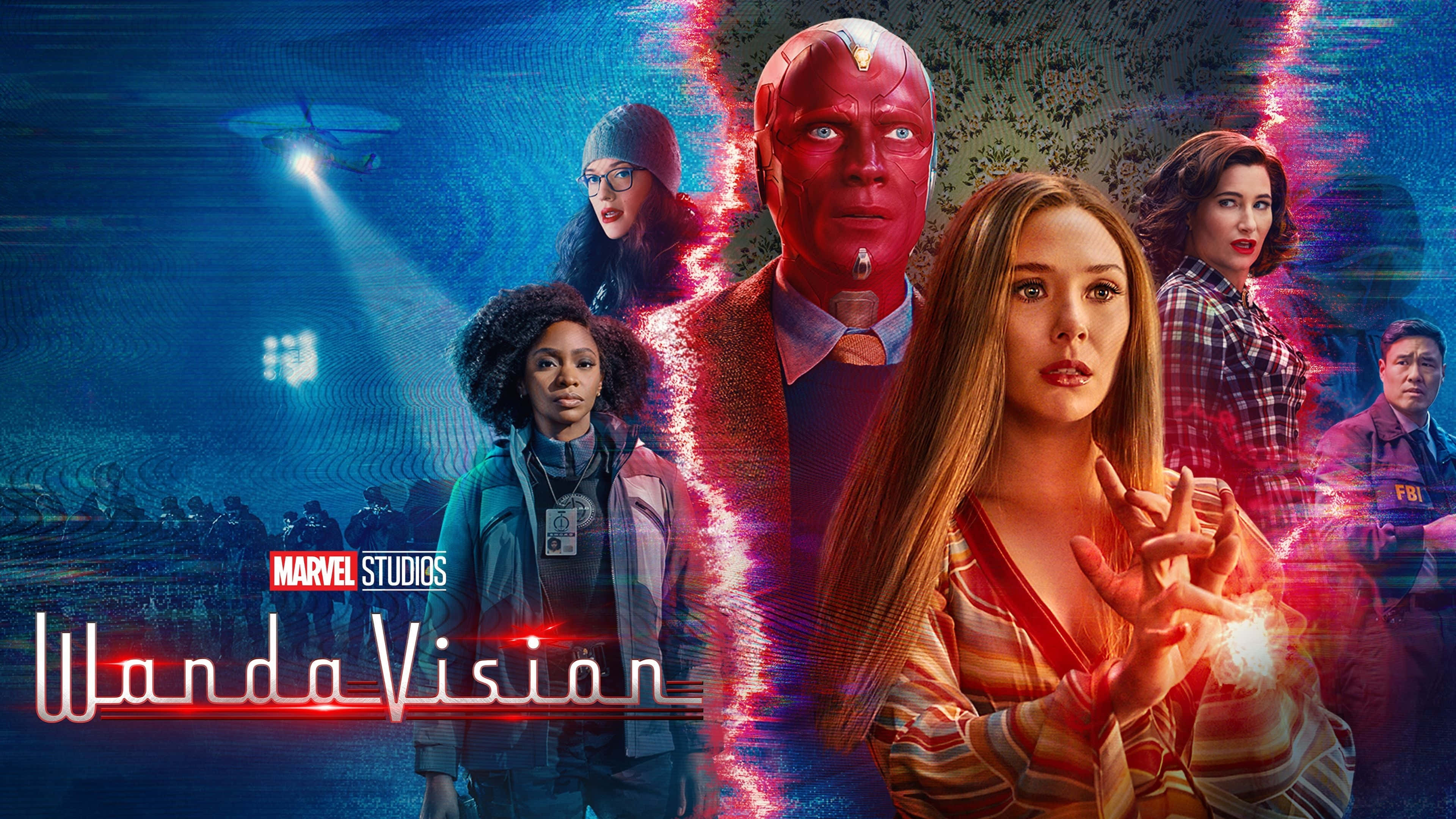 Wandavision 桌布 壁紙 — Wanda Vision 海報，展示緋紅女巫和幻視以及其他角色，背景為帶有故障效果的藍色和紅色。