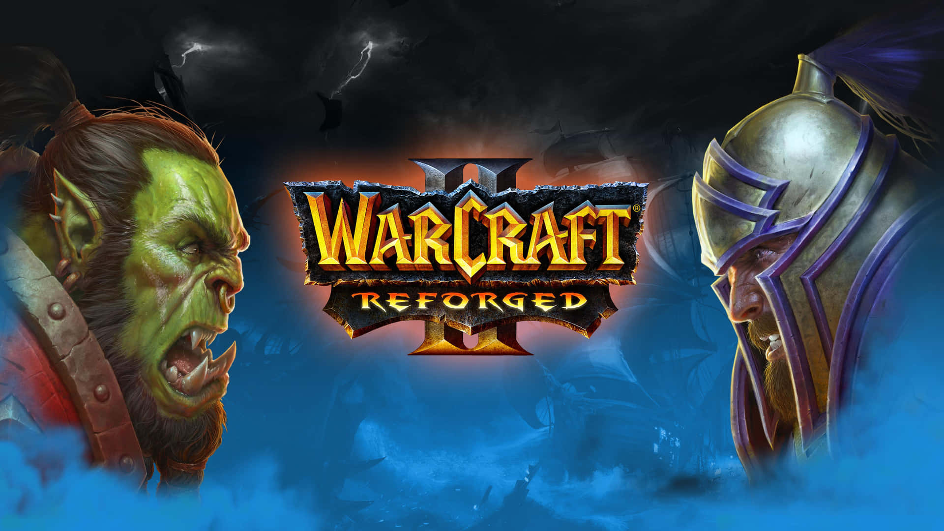 兩個奇幻戰士在暴風雨的天空下對峙，帶有 Warcraft Reforged 標誌。