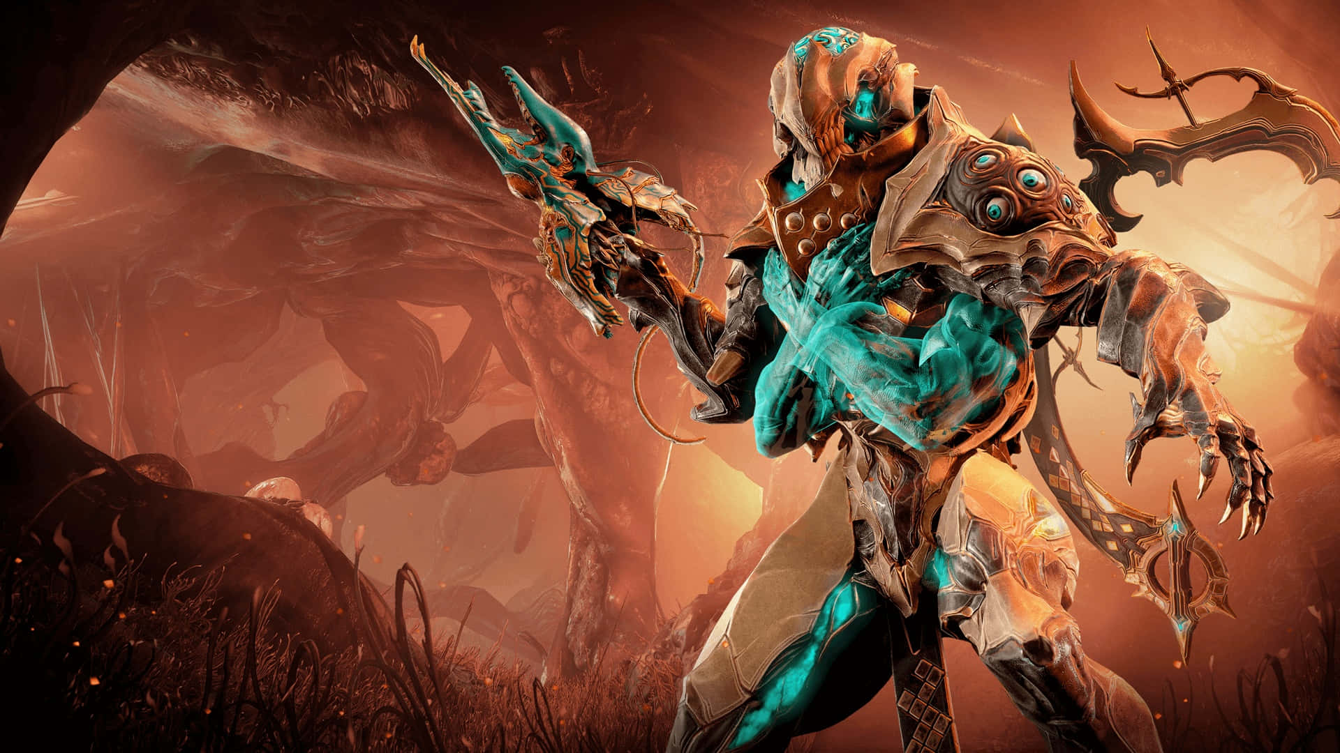 《Warframe》Nidus 感染能力 壁紙 — 一個帶有發光青綠色眼睛和武器的威脅性裝甲戰士，站在一個熾熱的外星洞穴中。