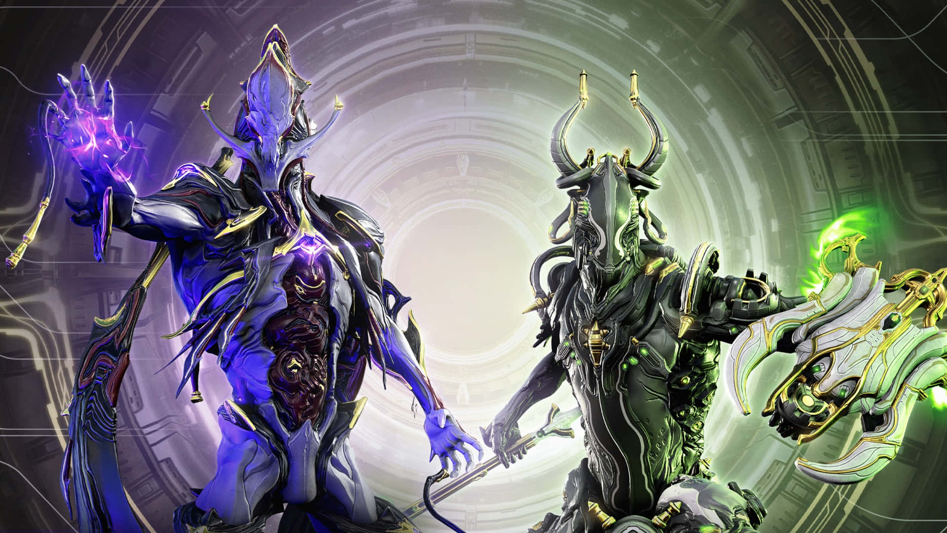《Warframe》Nidus 能力展示 壁紙 — 兩名身穿裝甲的宇宙戰士手持發光武器，站在一個未來風格的圓形房間中。