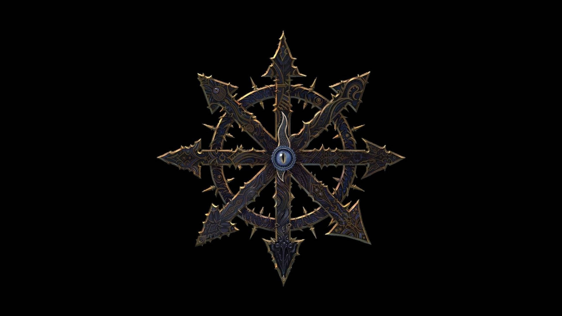 Warhammer 40,000 遊戲標誌 壁紙 — 一個黑暗華麗的星形徽章，帶有尖刺臂和中央眼睛，在黑色背景上發光。