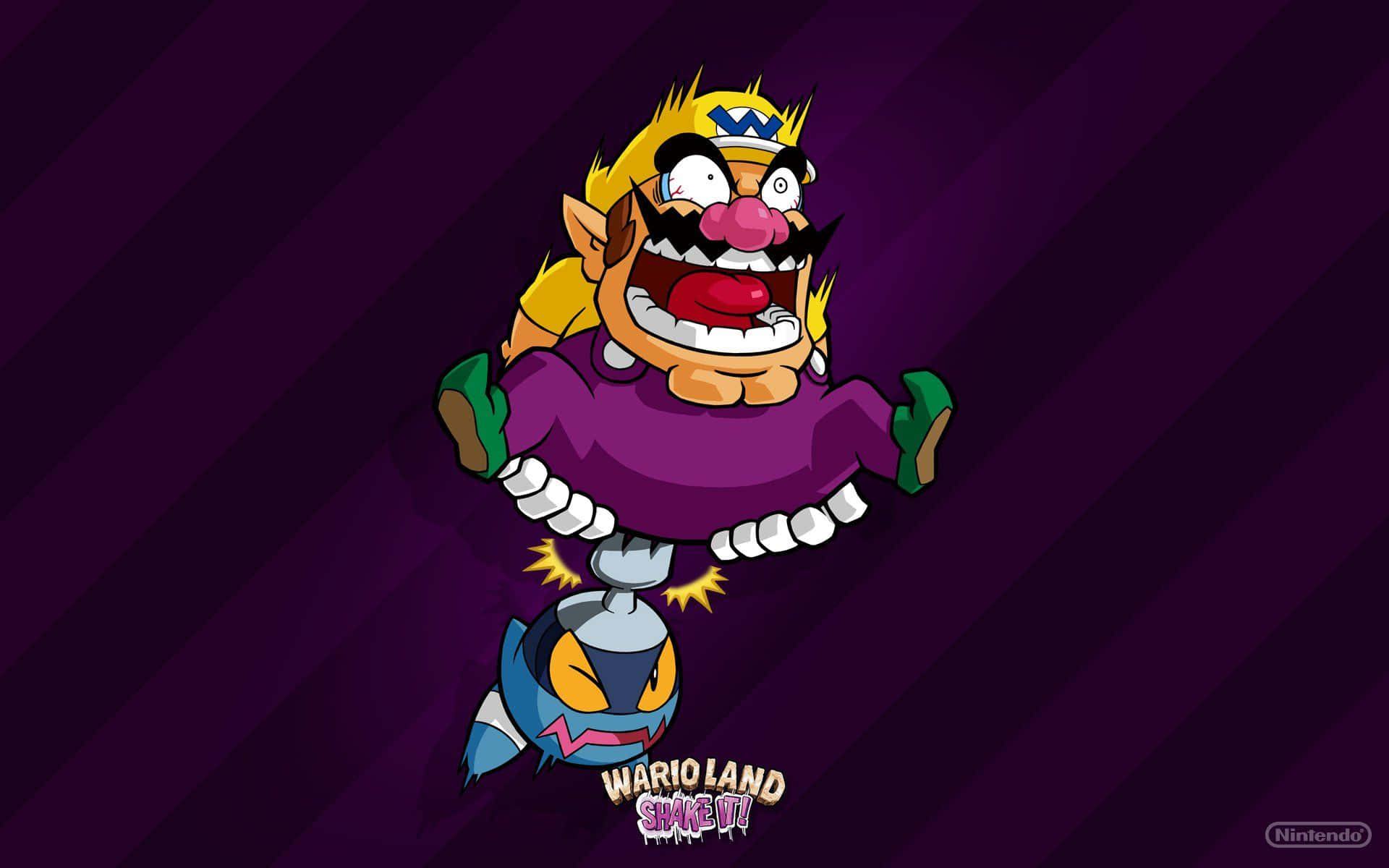 wario 桌布 壁紙 — Wario 身穿紫色襯衫和黃色帽子，在深紫色條紋背景前，狂笑著抱著一個眼睛發光的藍色機械人。