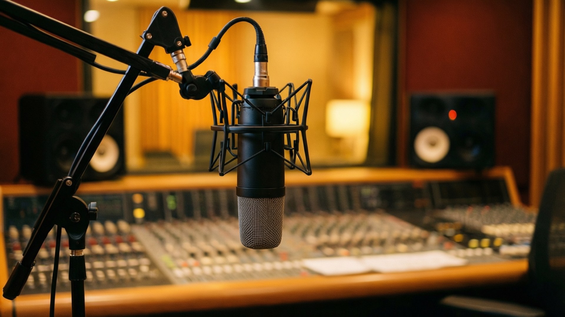 Warm Recording Studio Scene 壁紙 — 專業錄音室麥克風懸掛在混音台上方，背景有揚聲器和溫暖的環境燈光。