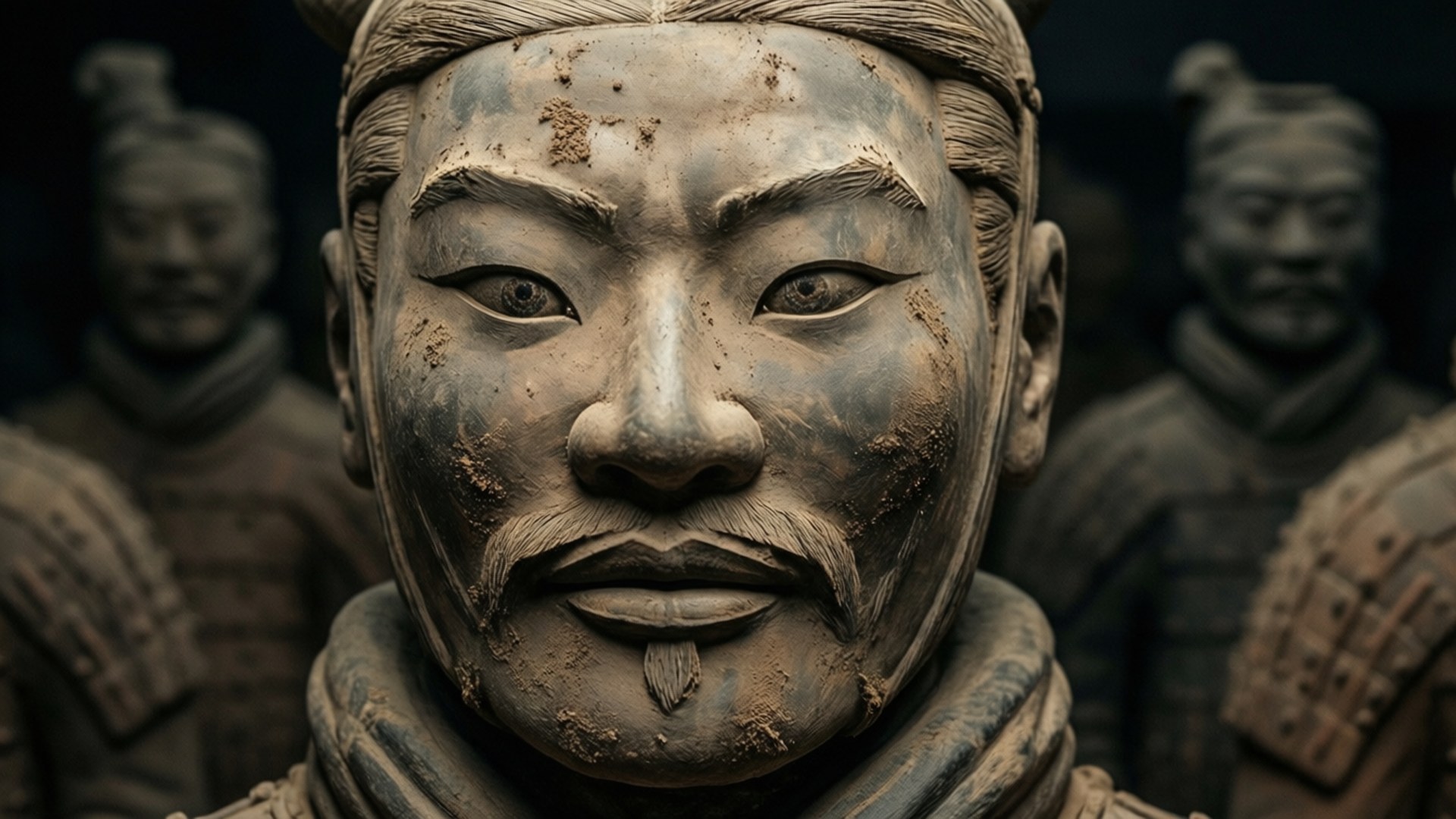 兵馬俑戰士雕像的特寫，具有細緻的面部特徵和盔甲。