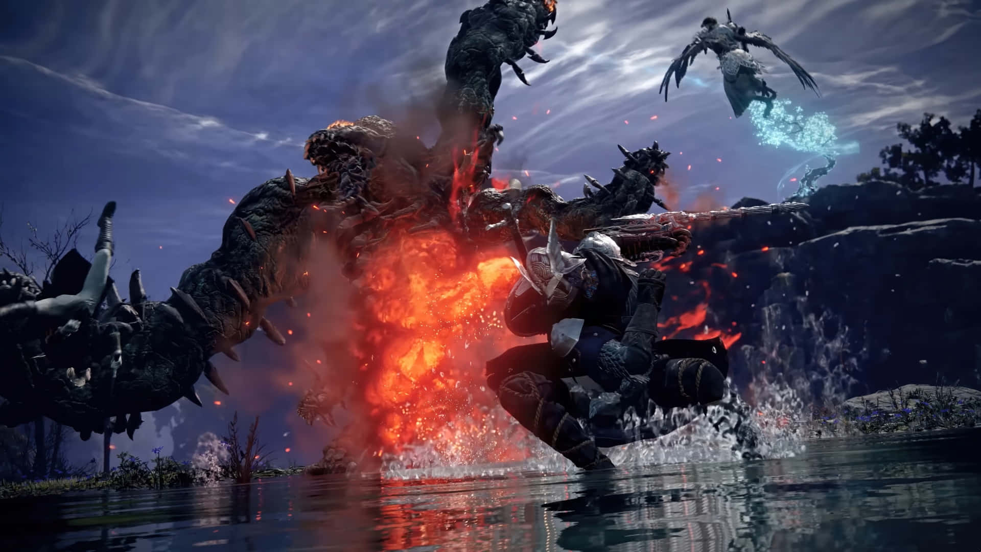  壁紙 — 一名身穿暗色盔甲的戰士在風暴天空下的沼澤景觀中與一個巨大的火焰怪物戰鬥。