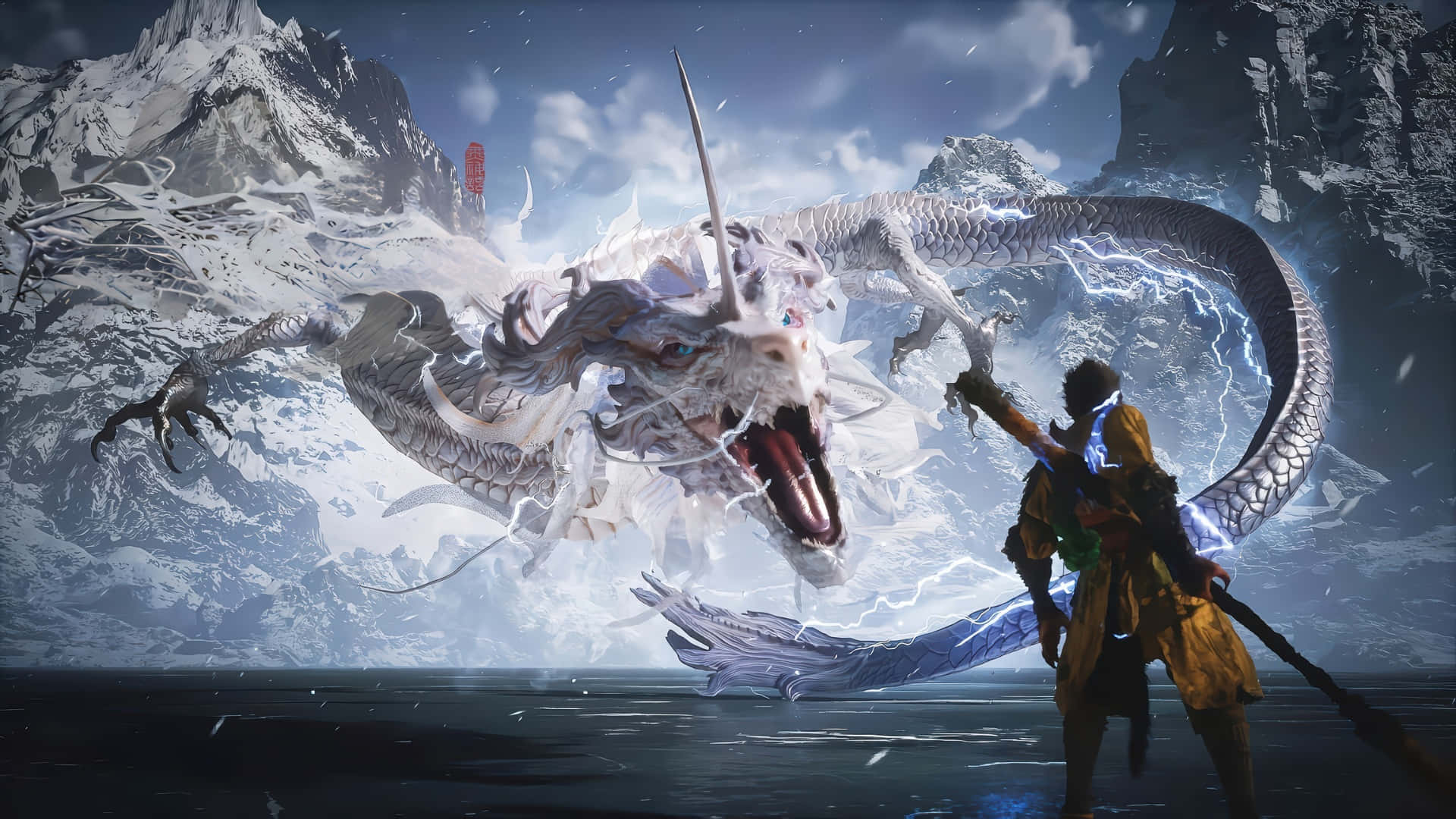  壁紙 — 一名身穿金色盔甲的戰士在白雪覆蓋的山脈和暴風雨的天空中面對一條巨大的白色巨龍。