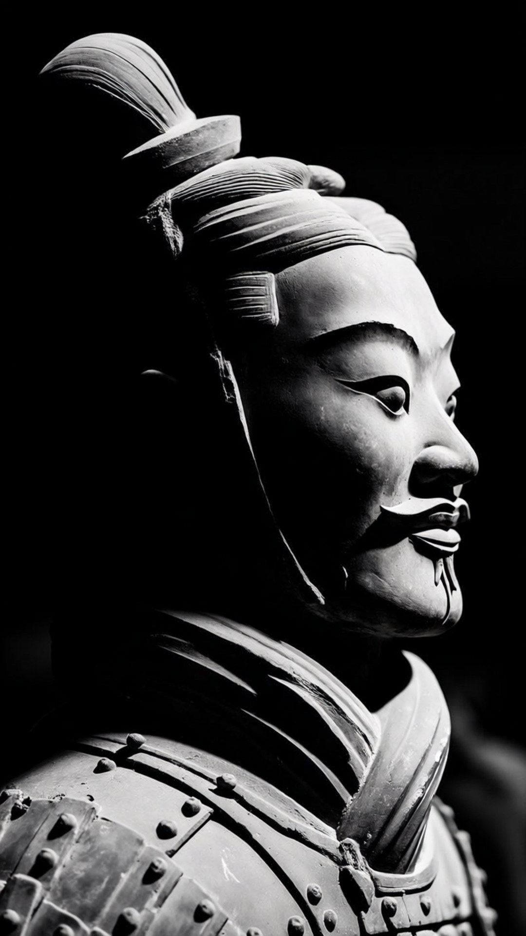 兵馬俑的頭盔頭部和裝甲肩膀的黑白特寫。