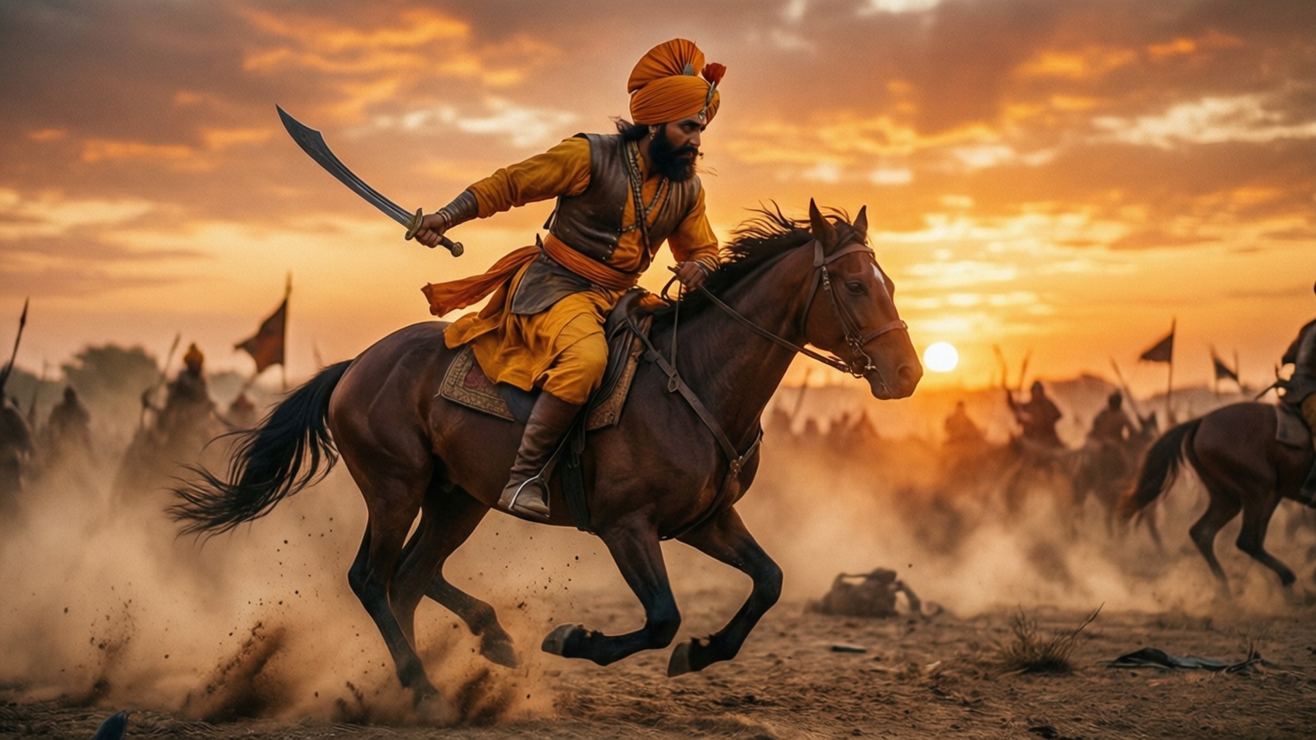 Maratha Empire 桌布 壁紙 — 一名戴著橙色頭巾、身穿黃色盔甲的戰士，騎著一匹奔騰的棕色馬匹，在金色夕陽下穿越塵土飛揚的戰場。