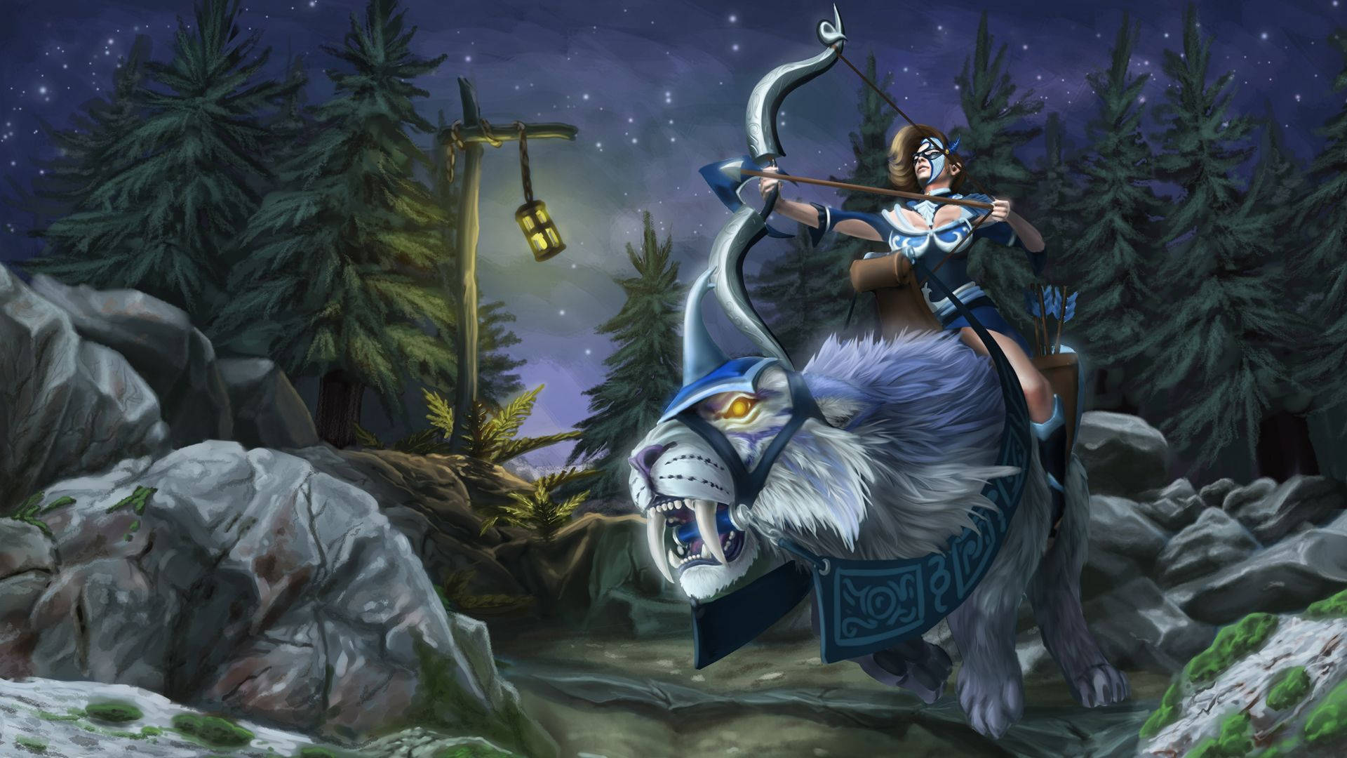 Dota 2 露娜冬日 壁紙 — 一位戰士手持弓箭，騎著一隻咆哮的白虎，在星光閃爍的森林中夜間奔馳，下方懸掛著發光的燈籠。
