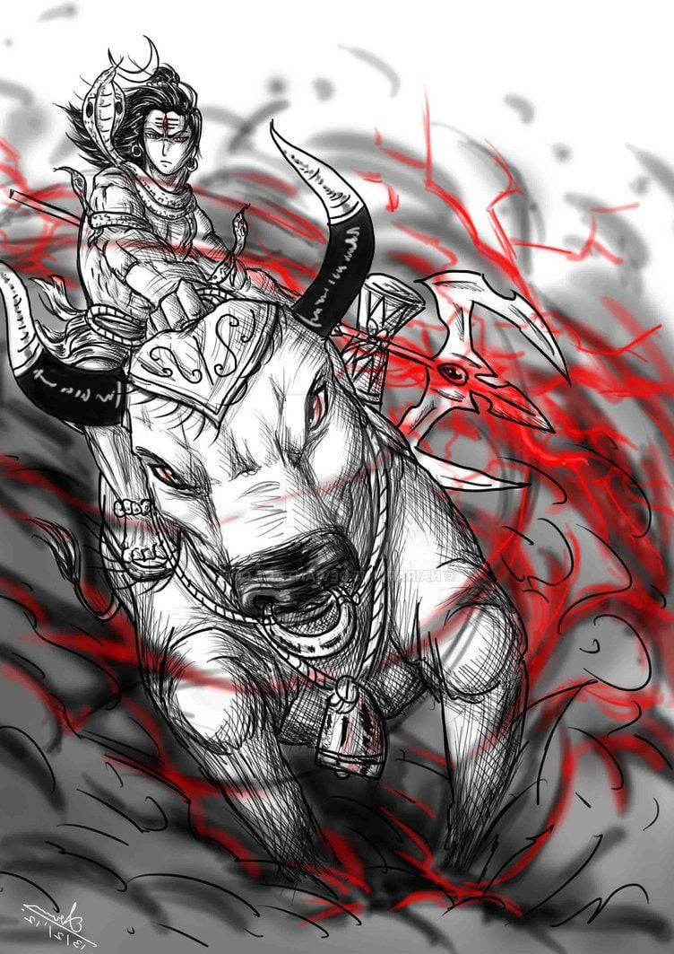 素描風格中，紅色能量漩渦中的公牛上的戰士。