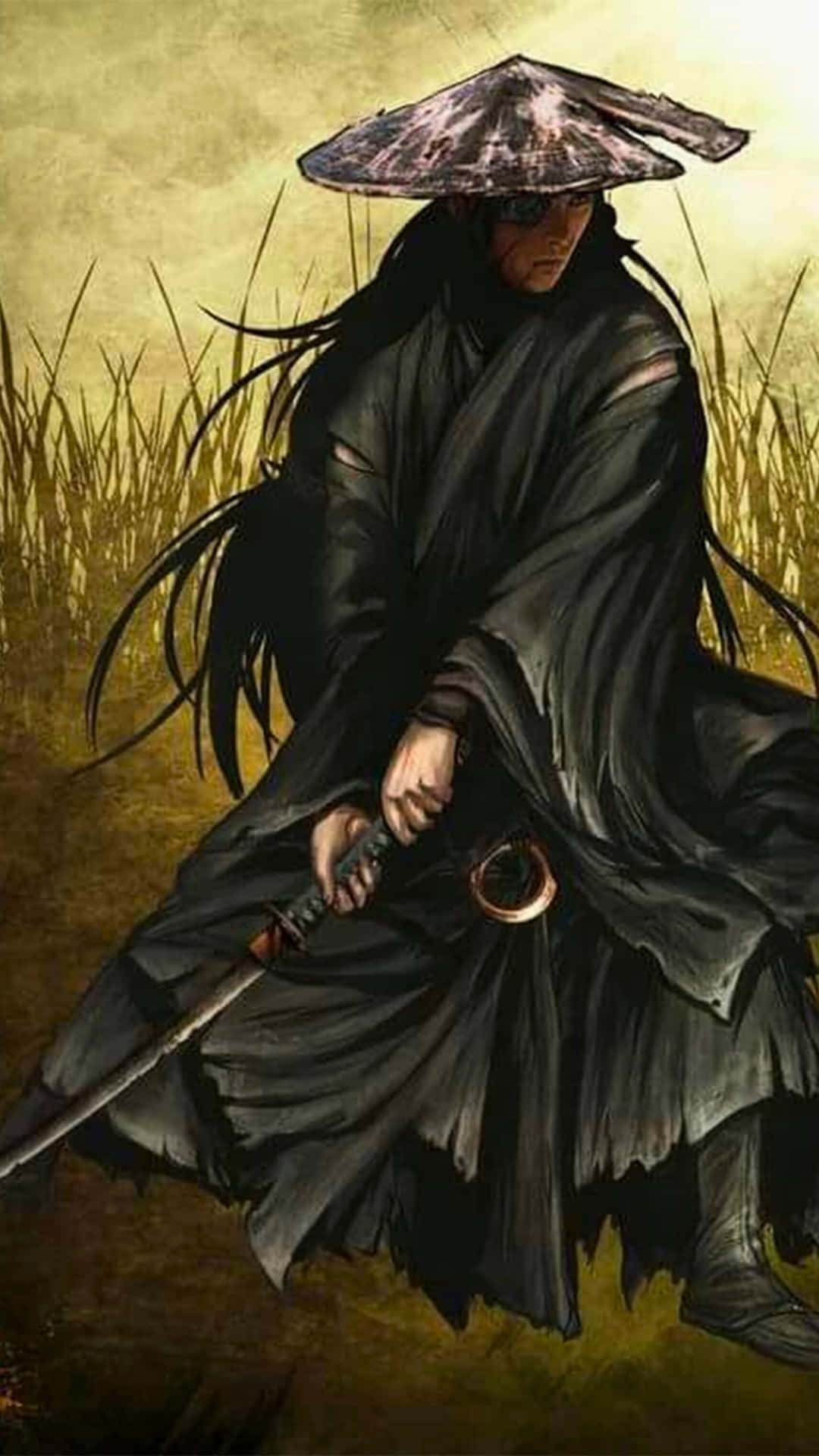 Warrior samurai colored 壁紙 — 一個孤獨的武士穿著破爛的黑袍和寬邊帽，站在高高的草叢中，手持武士刀，目光堅定。