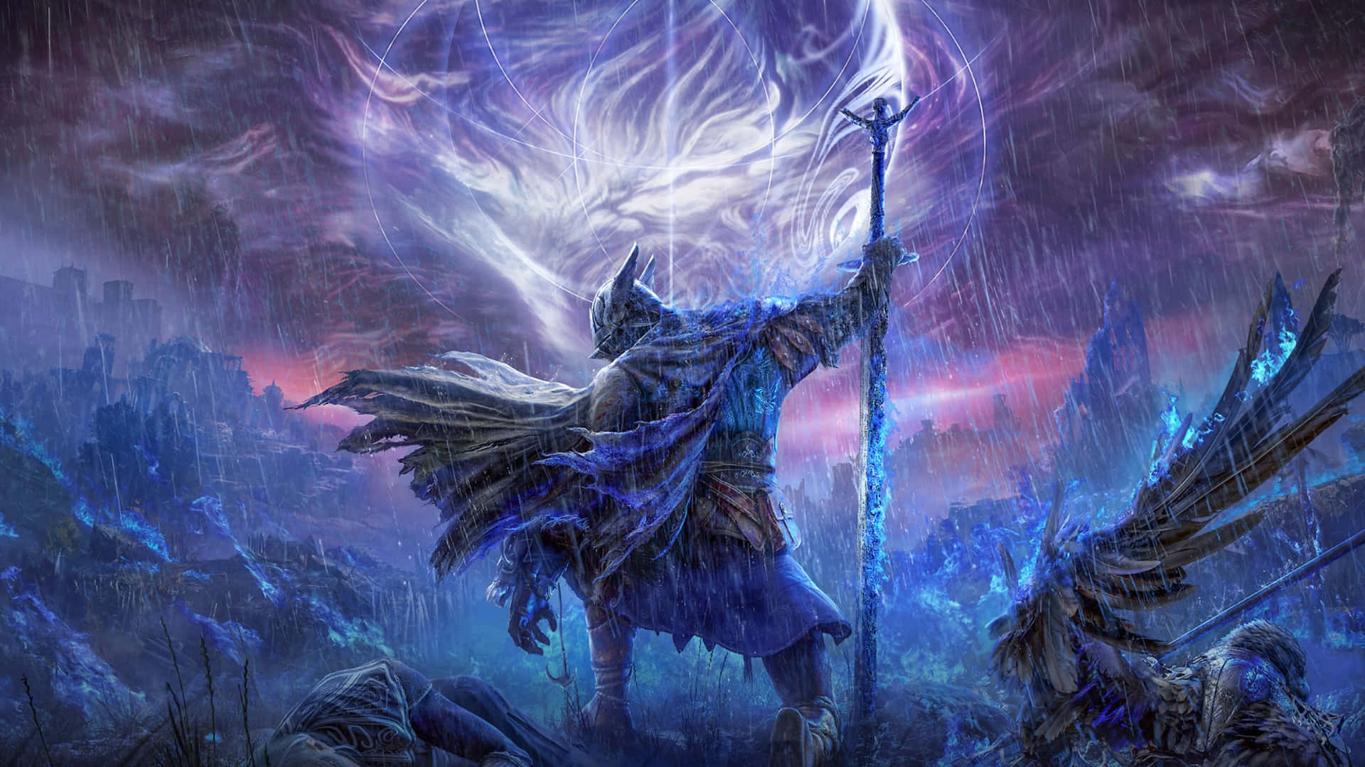  壁紙 — 一位擁有羽毛翅膀的戰士，在閃電和廢墟的暴風雨紫色天空下揮舞著發光的法杖。
