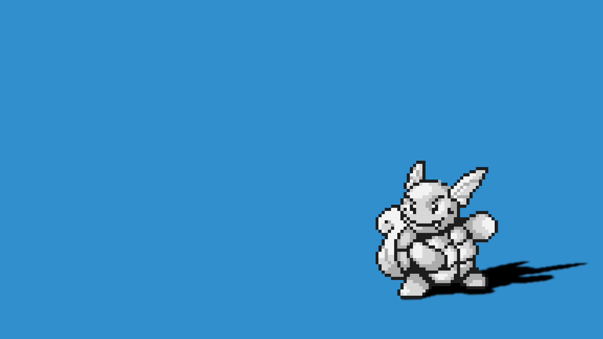 wartortle 黑白像素藝術 壁紙 — 一個像素化的白色兔狀生物獨自站在純藍色背景上，投射出深色陰影。