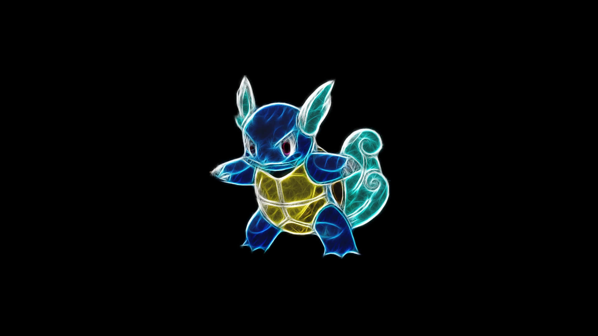 以發光線條繪製的wartortle 壁紙 — 一隻發光的藍色和黃色寶可夢，擁有半透明的翅膀和旋轉的尾巴，站在黑色背景前。