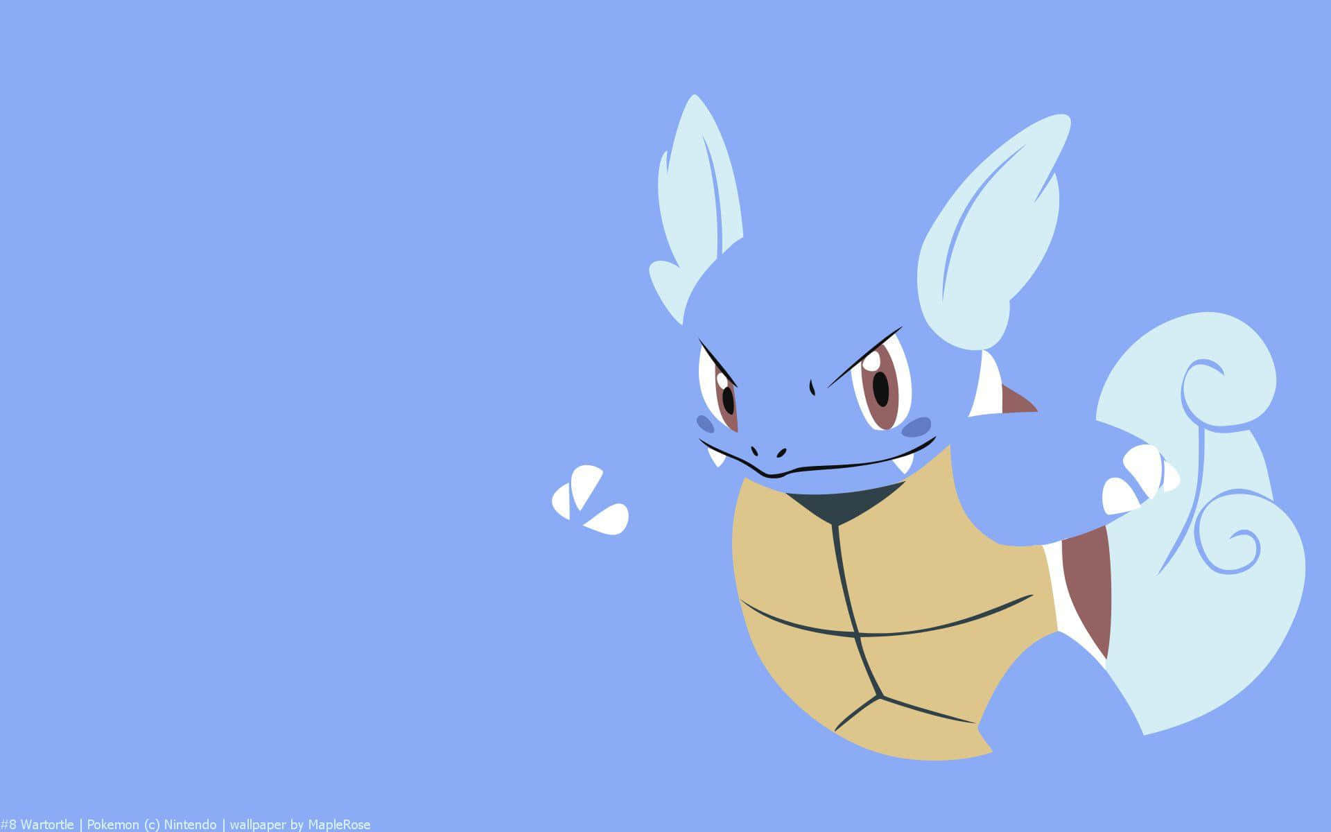 極簡風格的wartortle 壁紙 — 一隻風格化的藍色卡咪龜，帶著堅定的表情和白色漩渦尾巴，背景是純淺藍色。