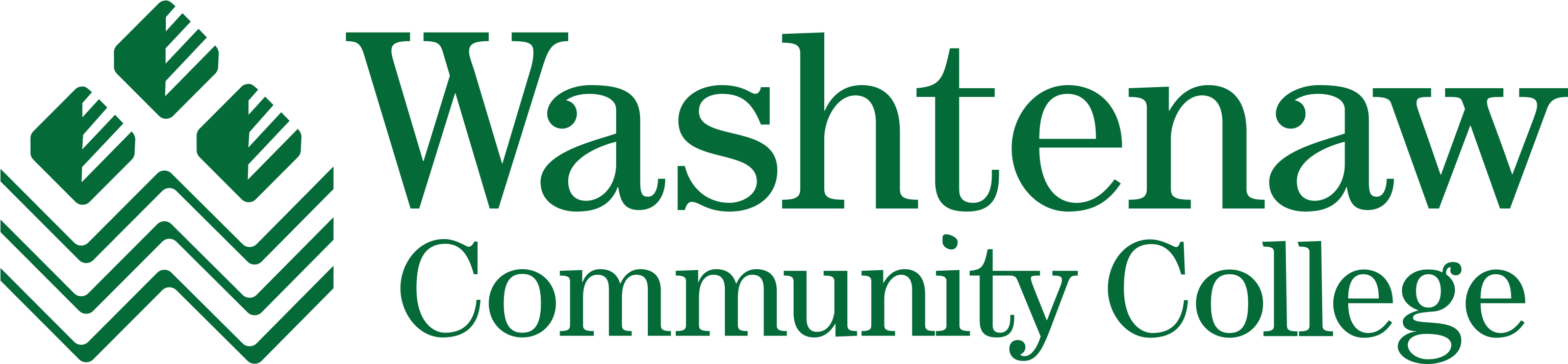 Washtenaw 社區學院標誌 壁紙 — Washtenaw Community College 的綠色標誌，在黑色背景上帶有風格化的波浪和方塊圖標。