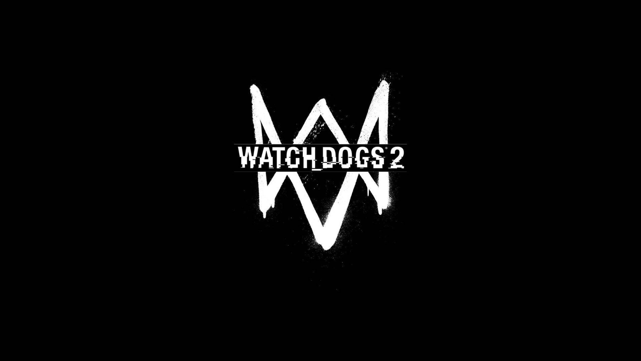 Watch Dogs 2遊戲標誌 壁紙 — 大膽的白色 Watch Dogs 2 標誌，帶有故障紋理，居中在純黑背景上。
