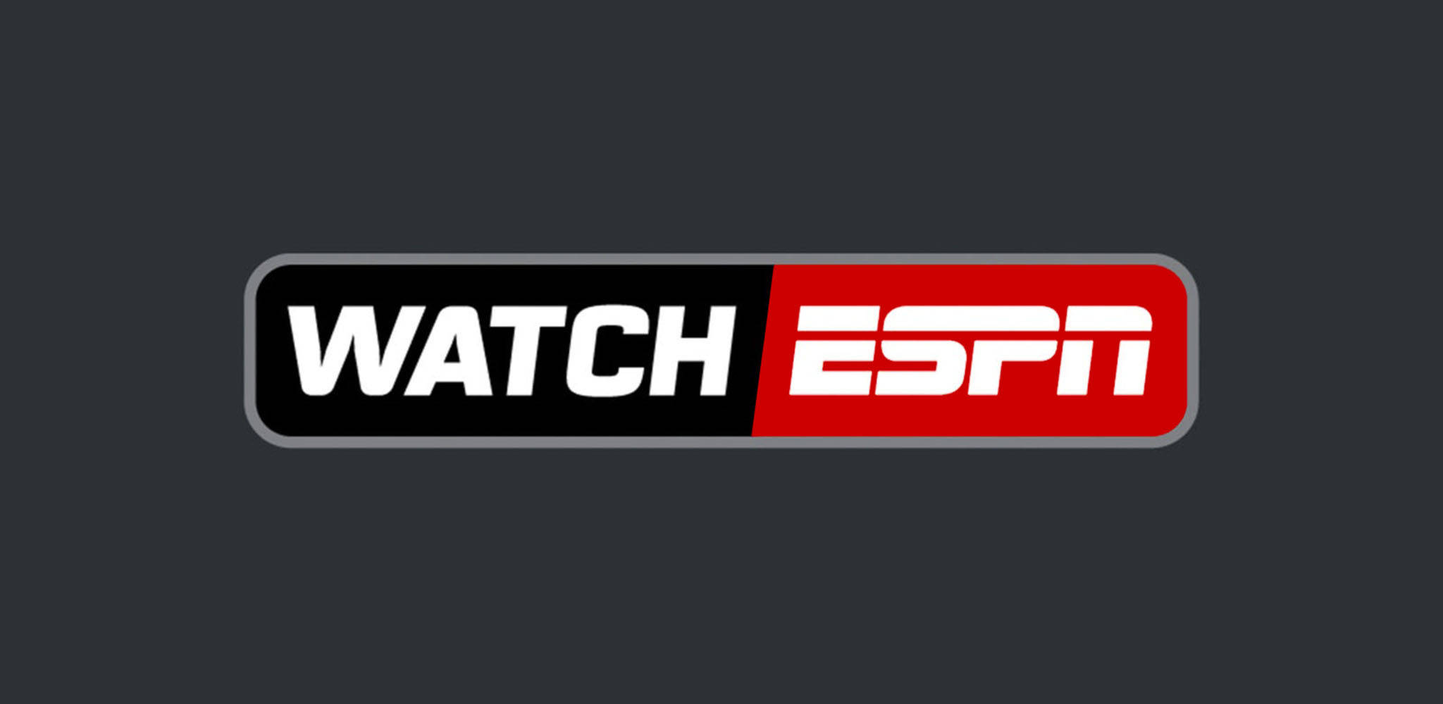 Watch ESPN標誌 壁紙 — ESPN Watch 標誌，粗體白色文字位於黑色和紅色分割背景上，背景為深灰色。