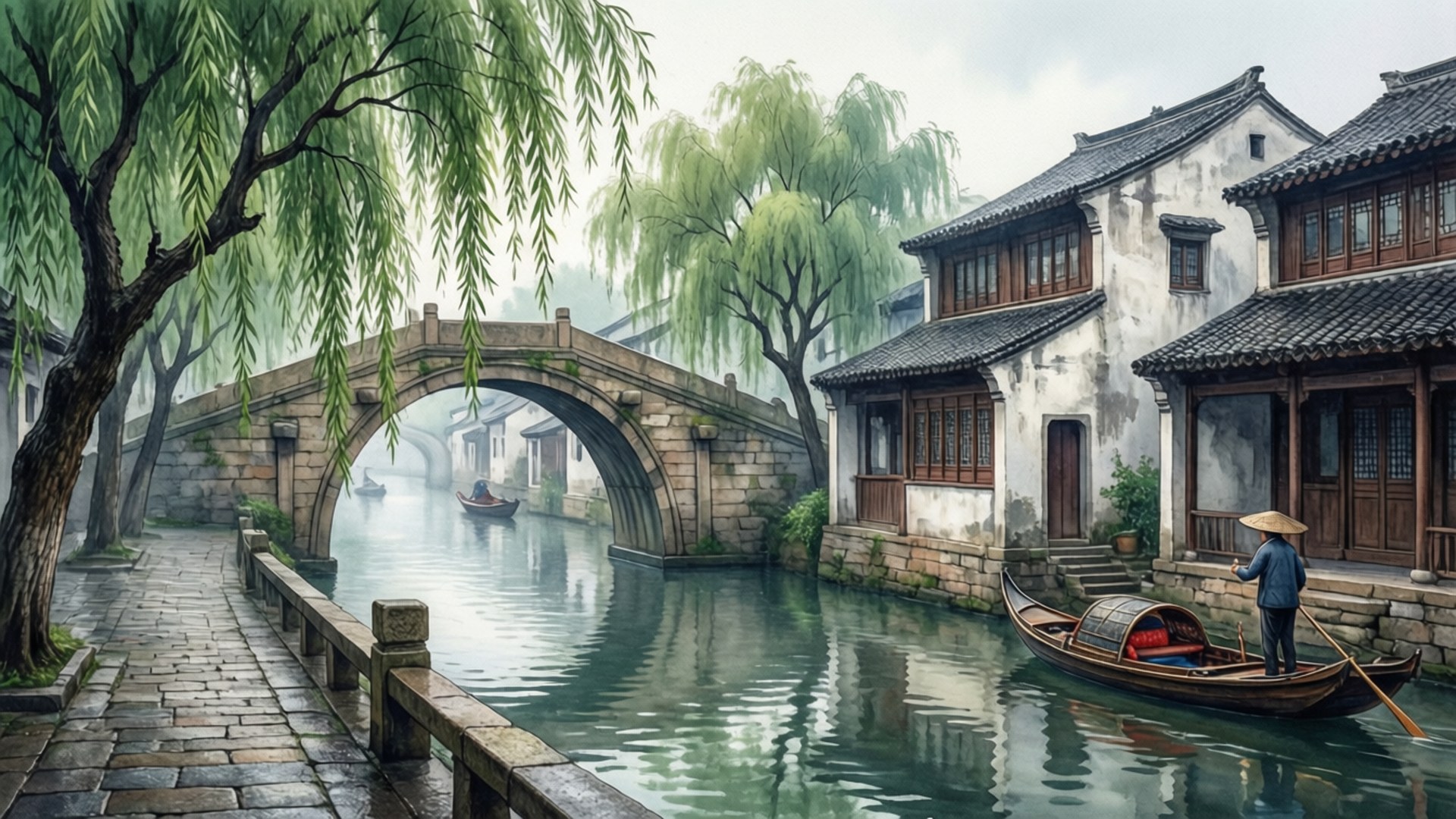 寧靜的運河，有石拱橋和傳統房屋，垂柳下船夫划船。