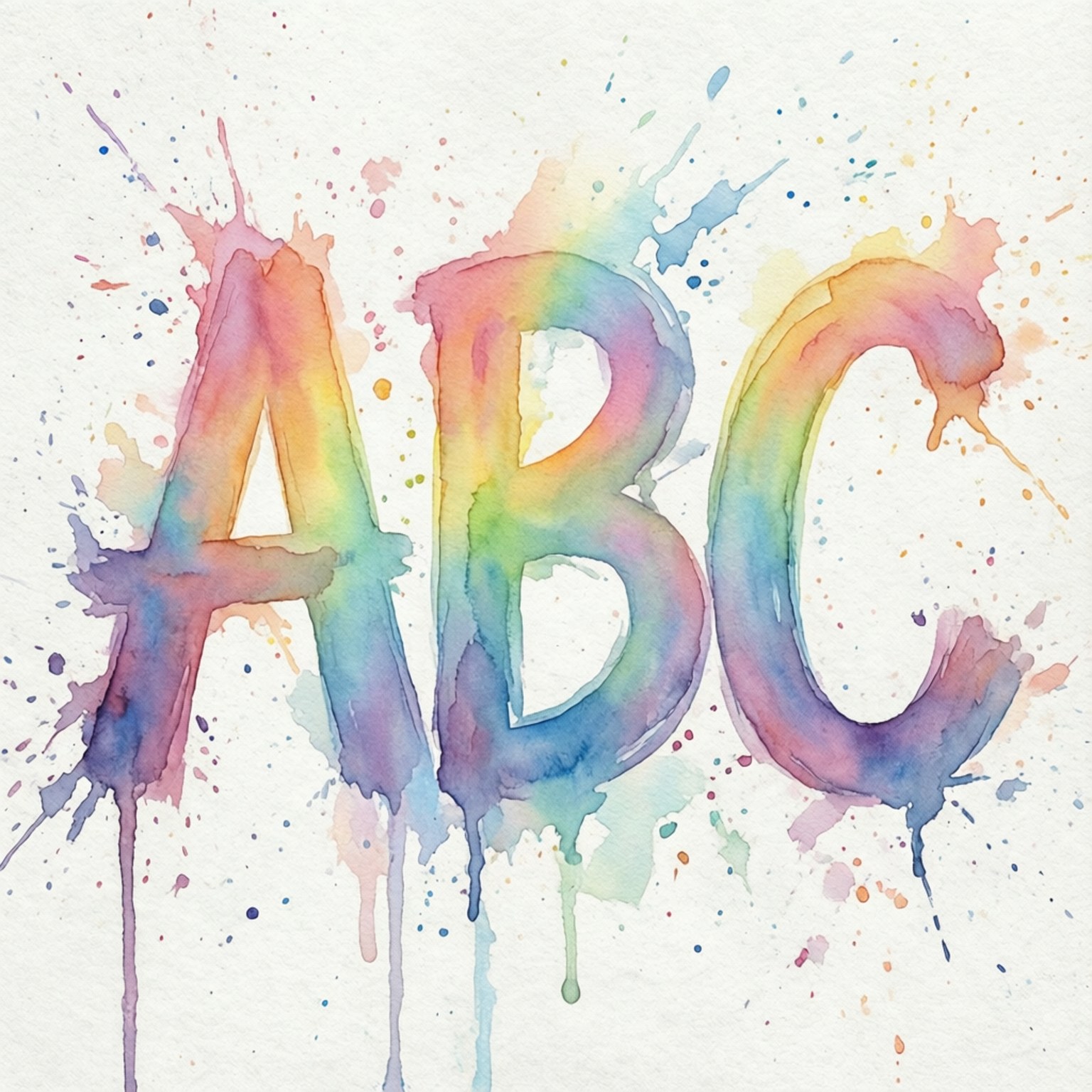 白紙上帶有飛濺和滴落的彩虹水彩字母ABC