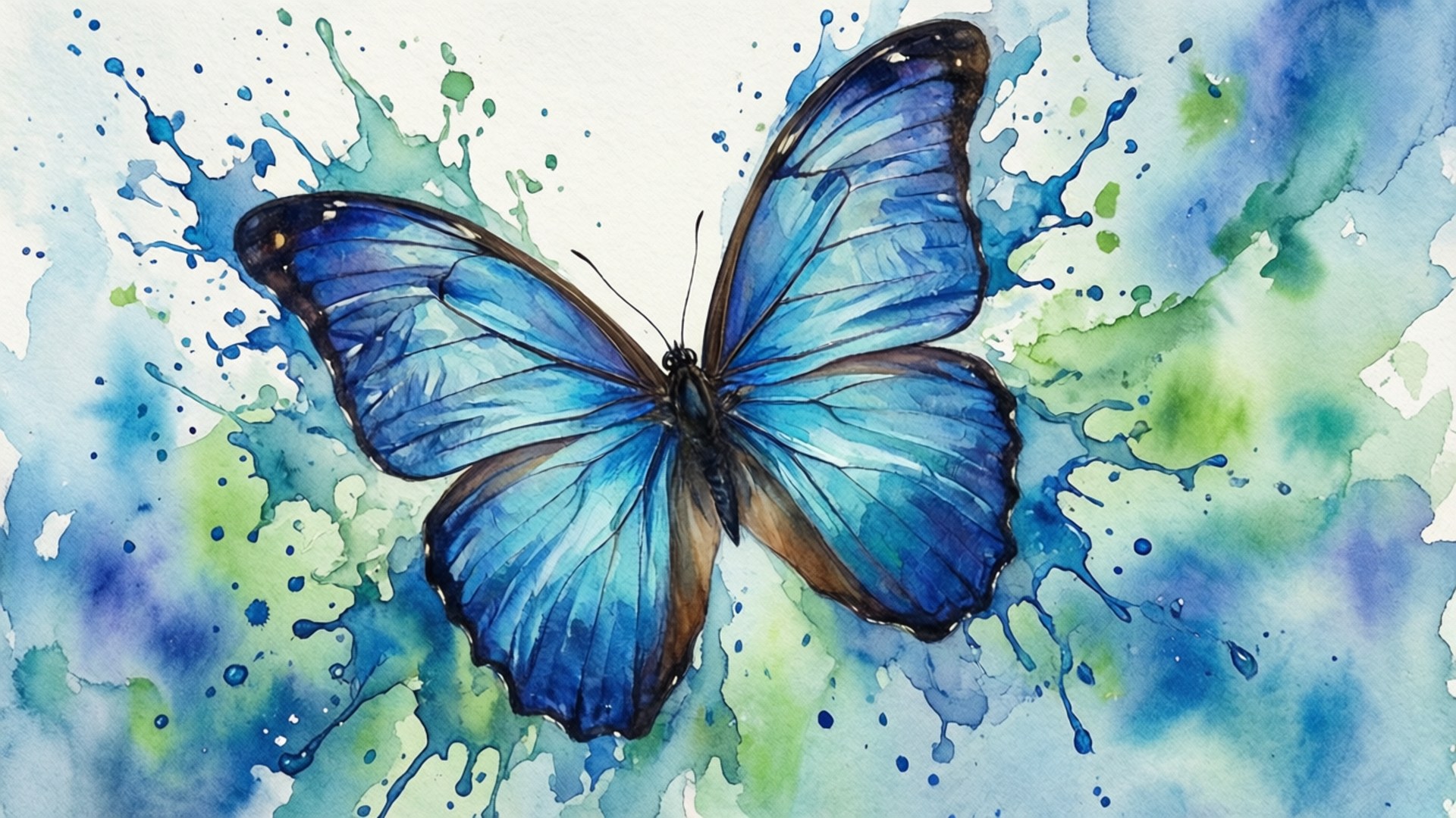 一隻以水彩繪製的藍色閃蝶，帶有藍色和綠色的潑濺。