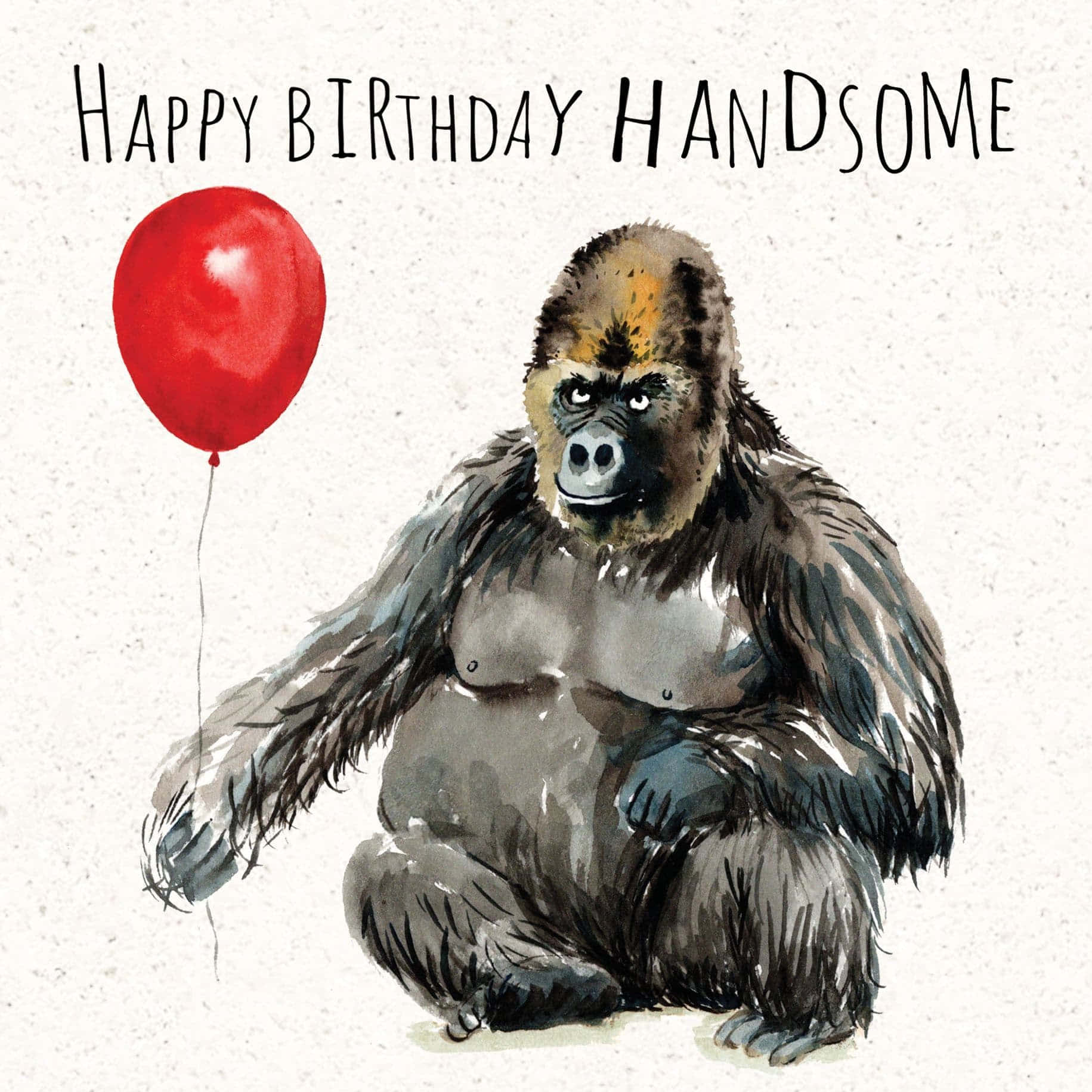  壁紙 — 一幅水彩插圖，描繪一隻大猩猩拿著紅色氣球，上方有「Happy Birthday Handsome」文字。