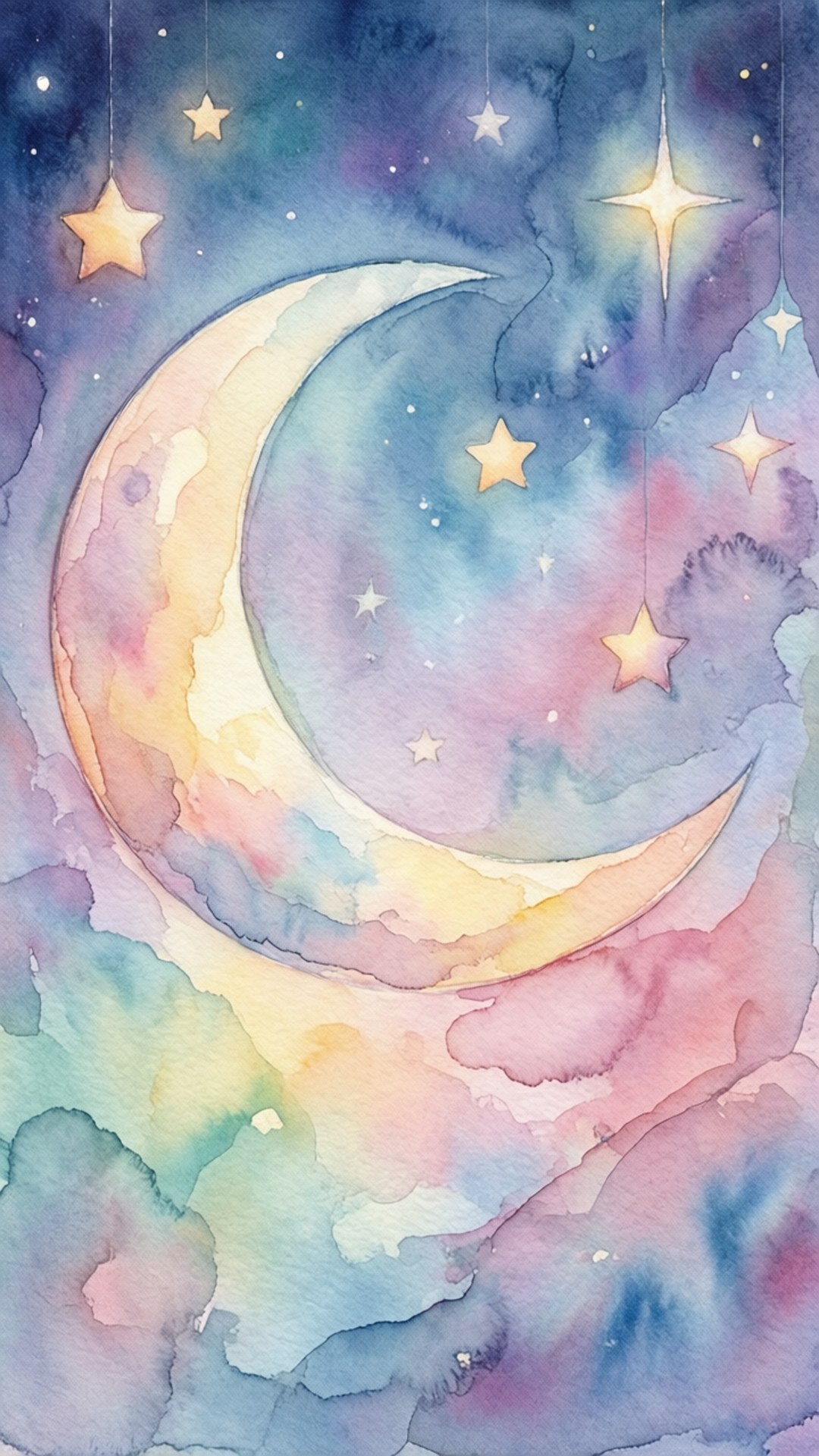 新月和星星在柔和的水彩夜空中的粉彩顏色