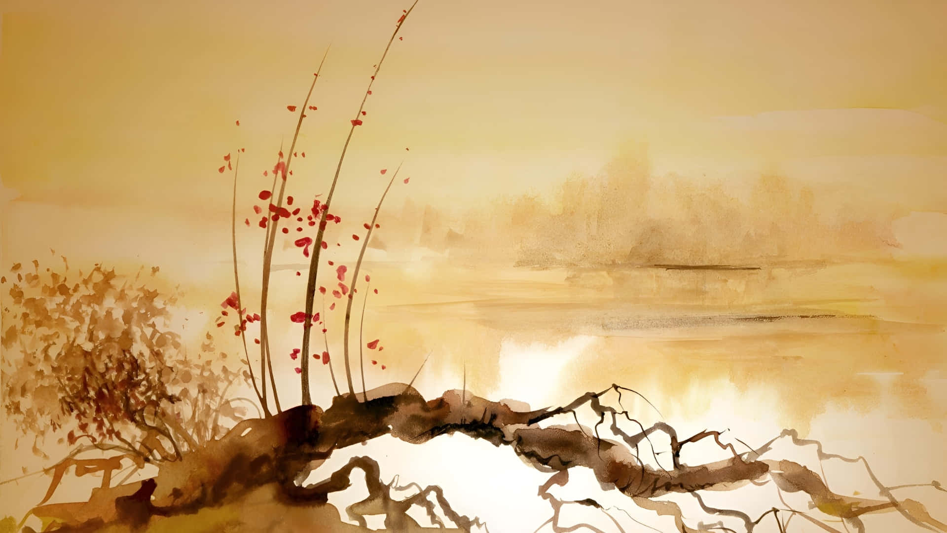  壁紙 — 一幅水彩畫，描繪了在朦朧金色天空和反光水面背景下，一棵多節樹枝上盛開的紅色花朵。