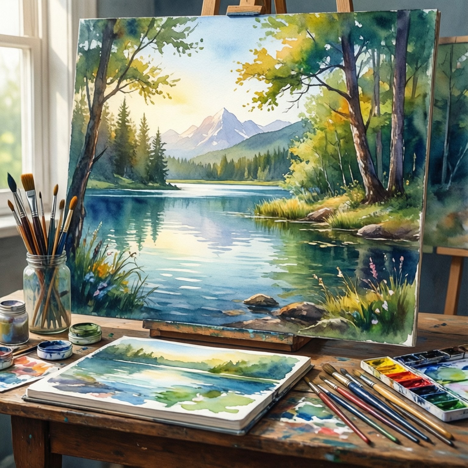 水彩寧靜 壁紙 — 一幅寧靜的山間湖泊水彩畫，周圍環繞著樹木和花朵，放在陽光普照的藝術家工作室的畫架上。