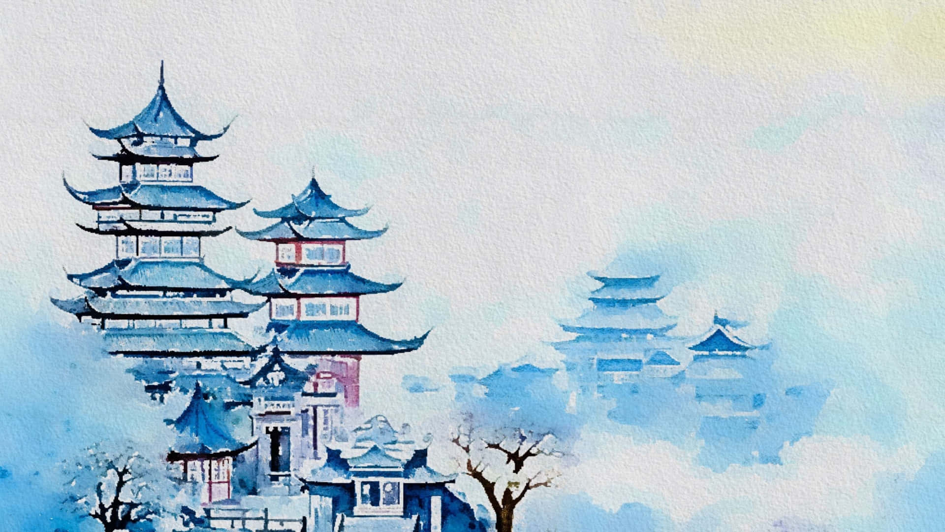  壁紙 — 傳統中國寶塔的水彩畫，藍色屋頂和紅色點綴，從迷霧雲中浮現。