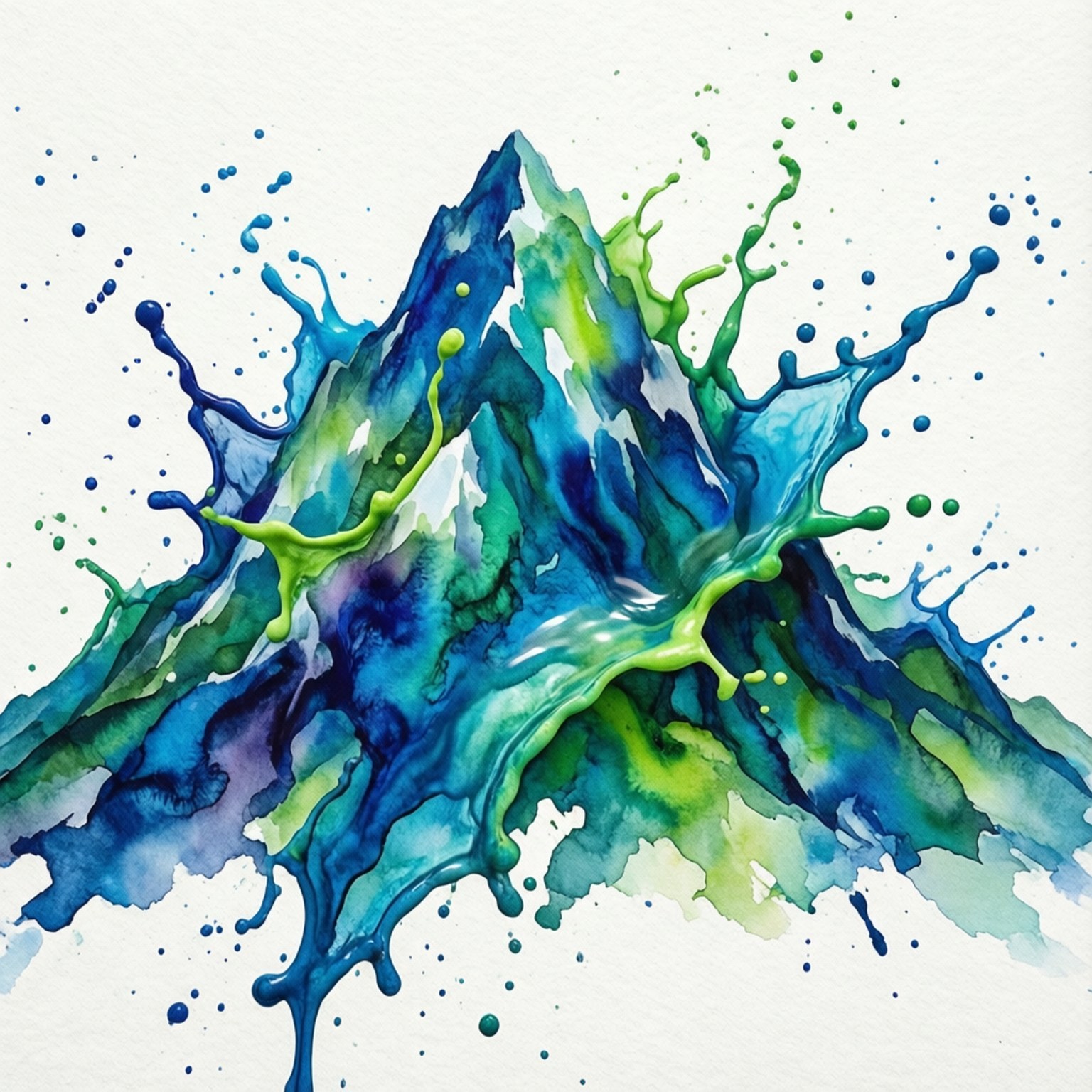 在紋理白紙上帶有藍色和綠色飛濺的抽象水彩山