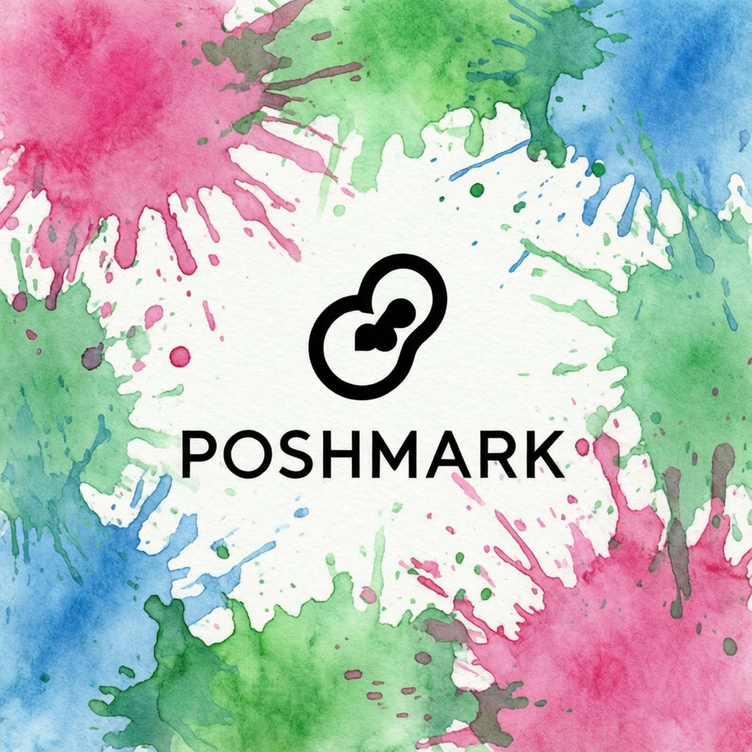 Poshmark標誌被彩色水彩潑濺環繞在有紋理的紙上。