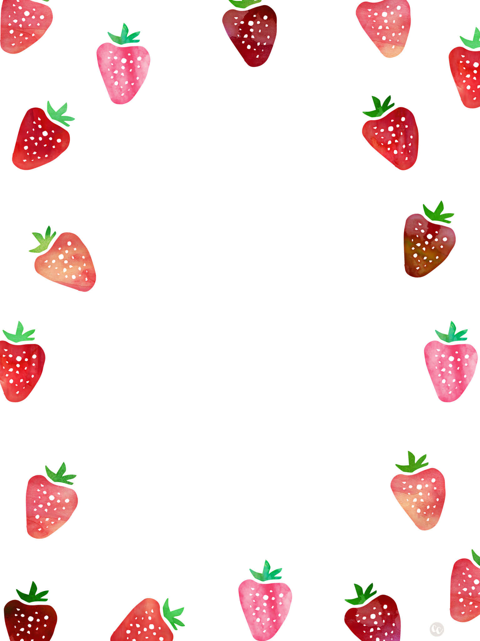 Cute Strawberry 桌布 壁紙 — 水彩草莓在邊框內，白色背景，帶有柔和粉紅、紅色和綠色色調。