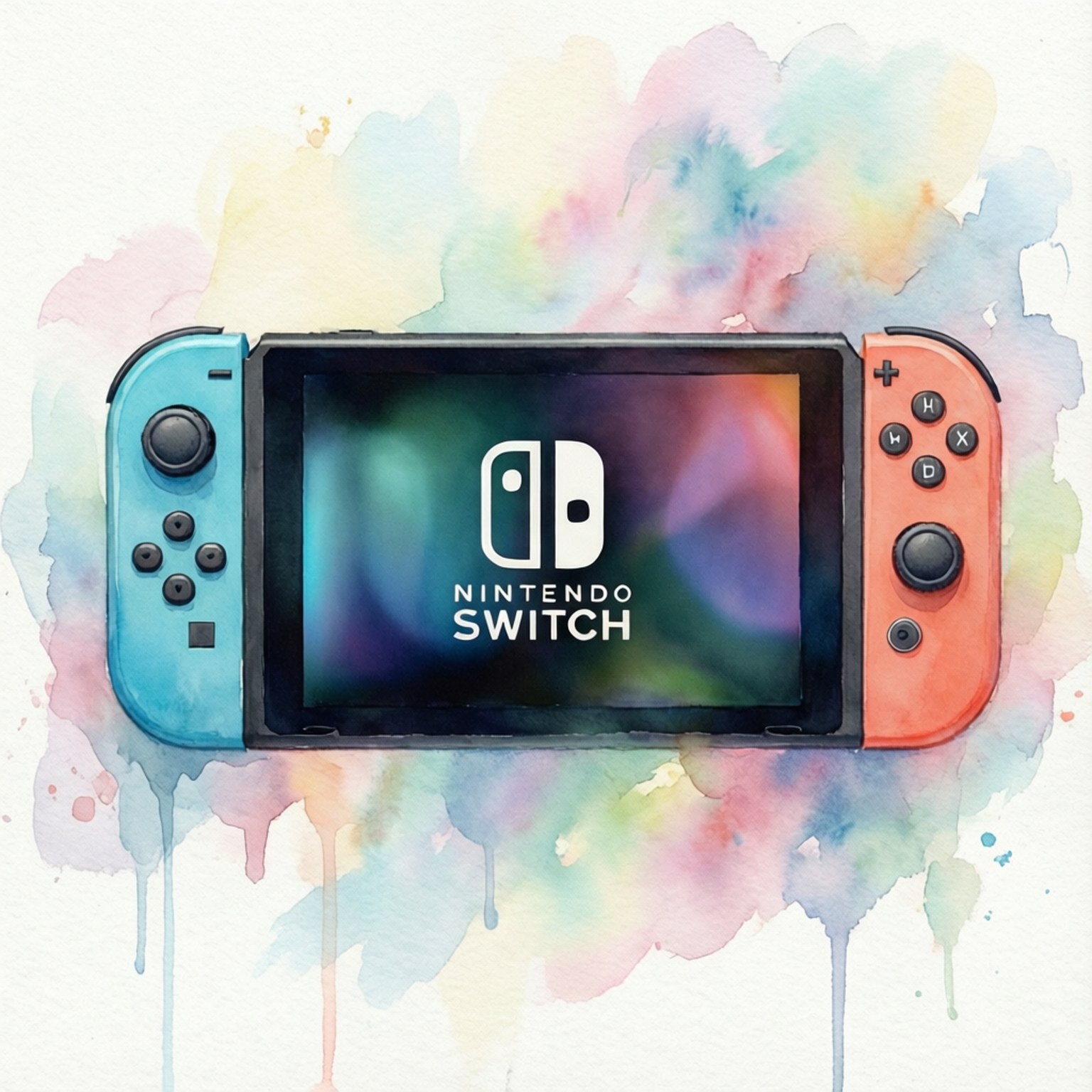 Nintendo Switch主機配備藍色和紅色控制器，背景為彩色水彩畫