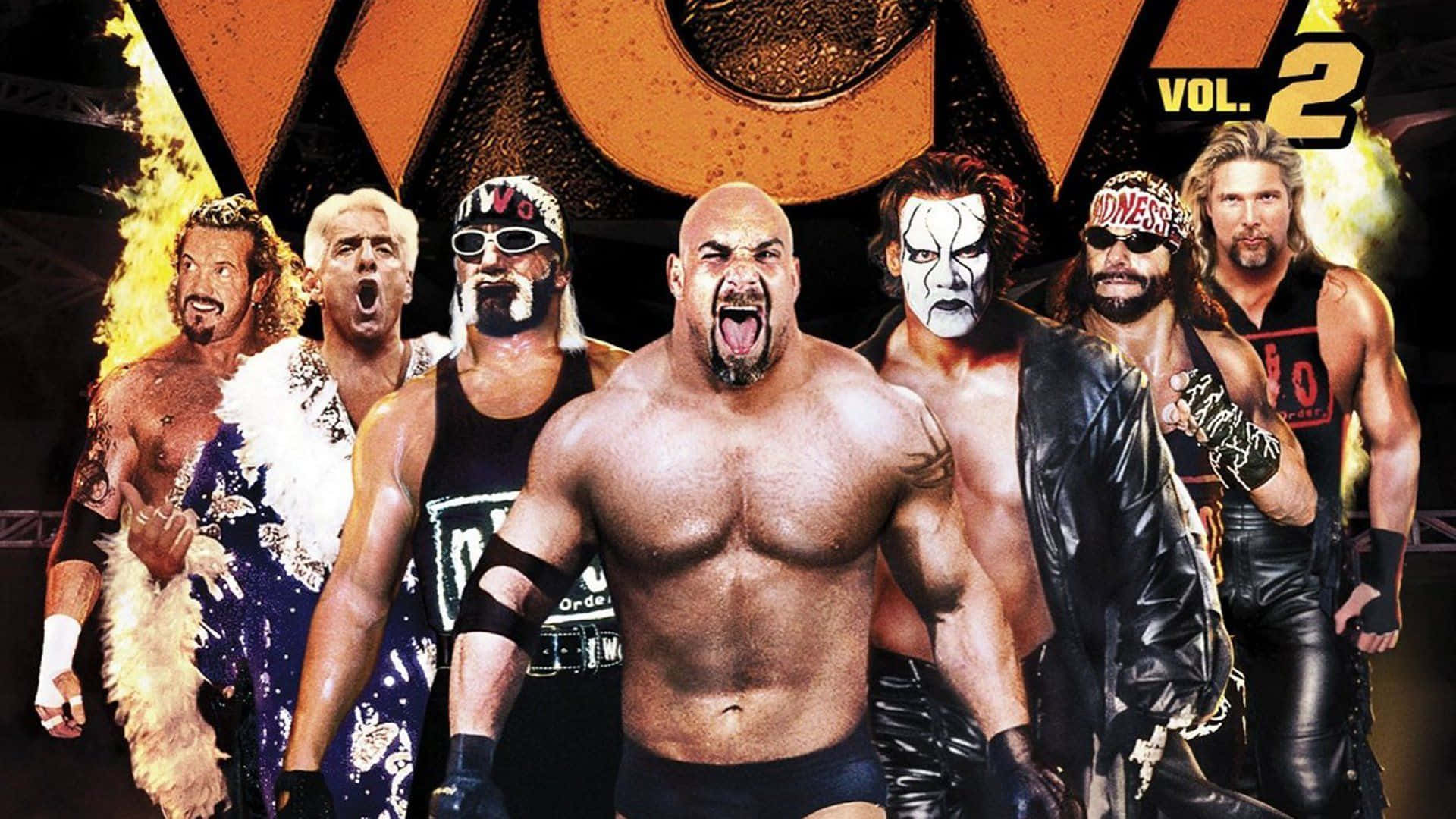 WCW《Monday Nitro》鮑比·伊頓 壁紙 — 七位標誌性的WWE摔角手在熾熱背景下對著發光的「WWE」標誌挑釁地咆哮。