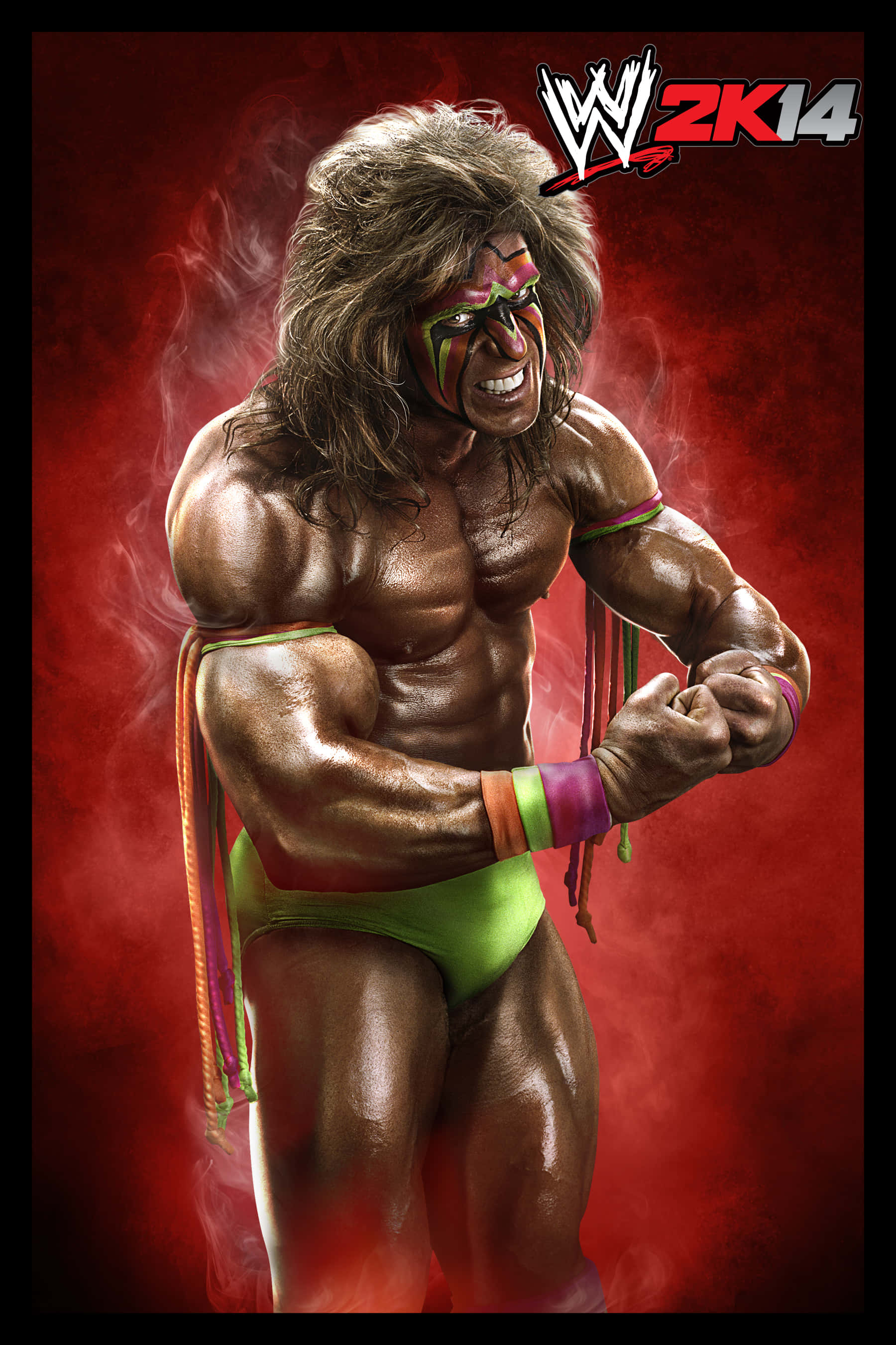 WCW冠軍終極戰士WWE 2K14數位藝術作品 壁紙 — 一個肌肉發達的摔角手，有著狂野的頭髮和色彩繽紛的臉部彩繪，在WWE 2K14中對著煙霧彌漫的紅色背景展示肌肉。