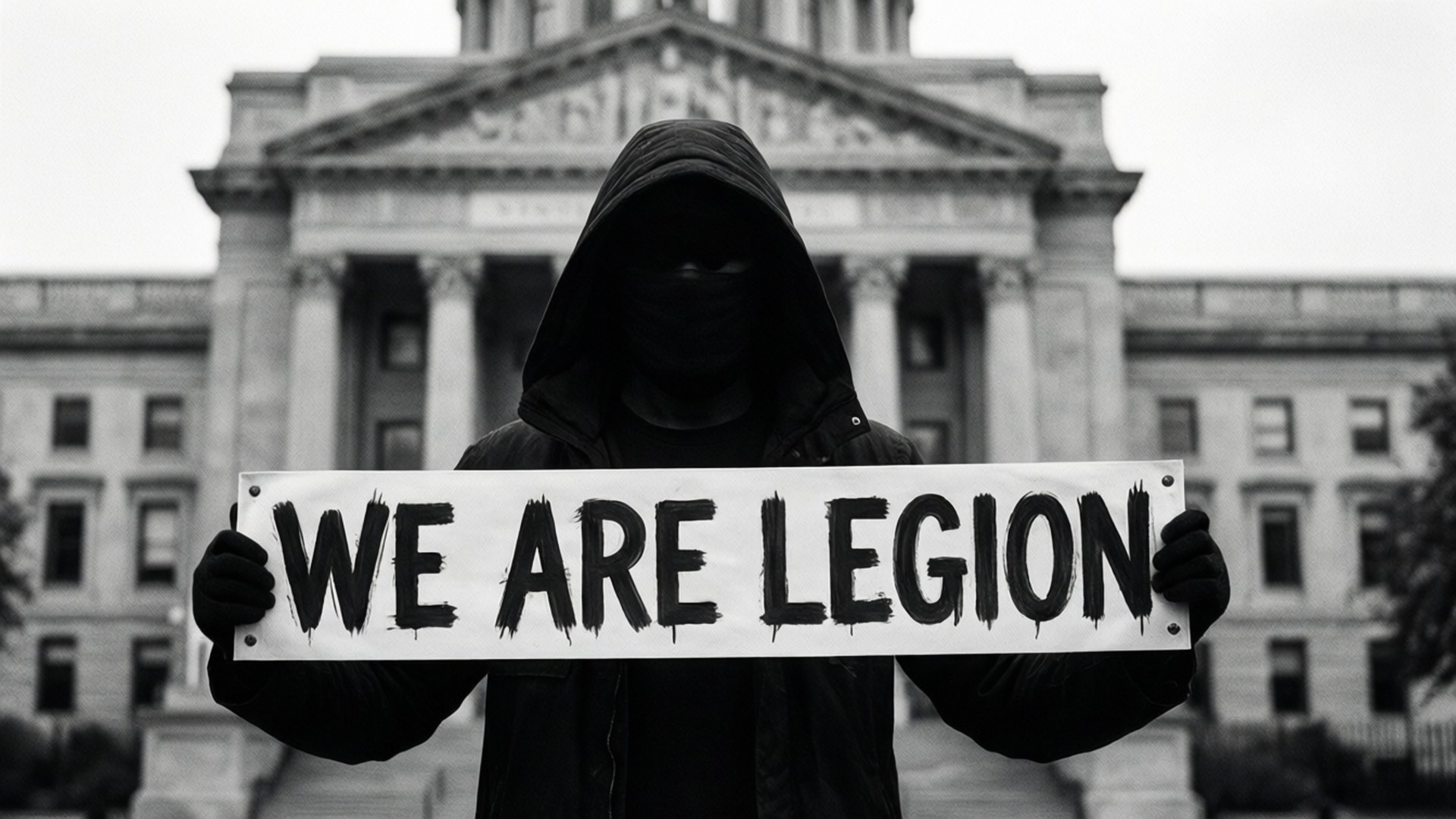匿名抗議者喺法院前舉起 'WE ARE LEGION' 標語牌