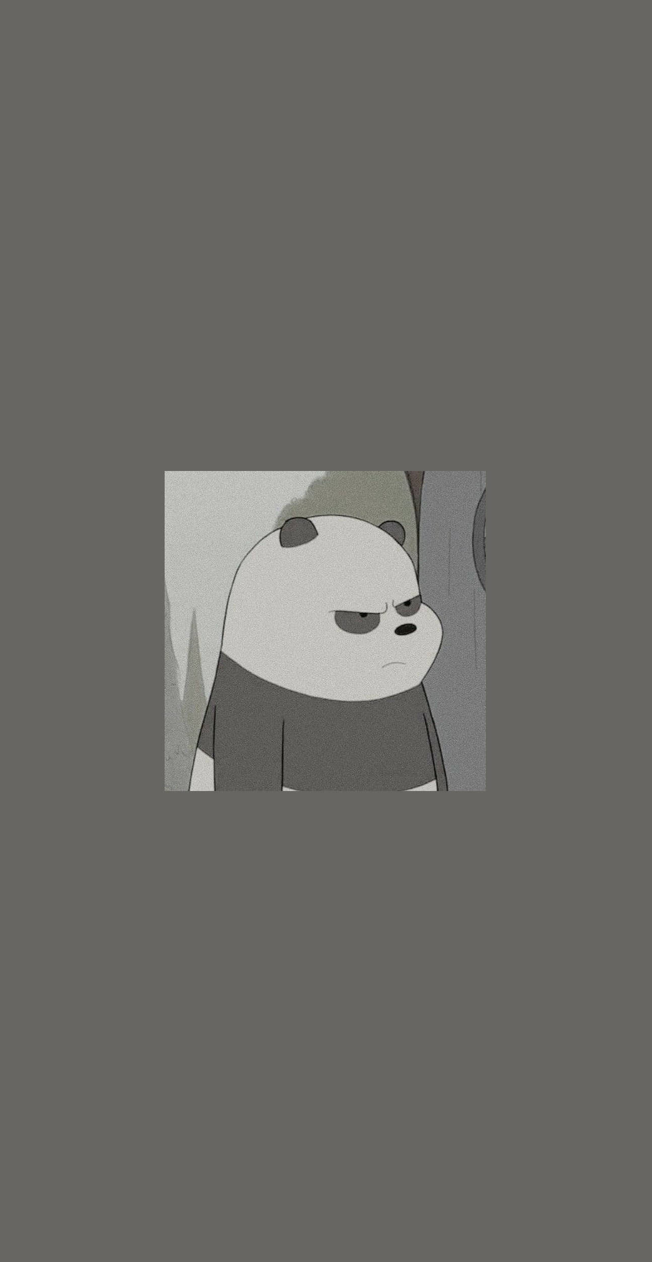 灰色背景的熊大 We Bare Bears 壁紙 — 一隻脾氣暴躁的卡通熊貓，瞇著眼睛，皺著眉頭，站在柔和的灰色背景前。